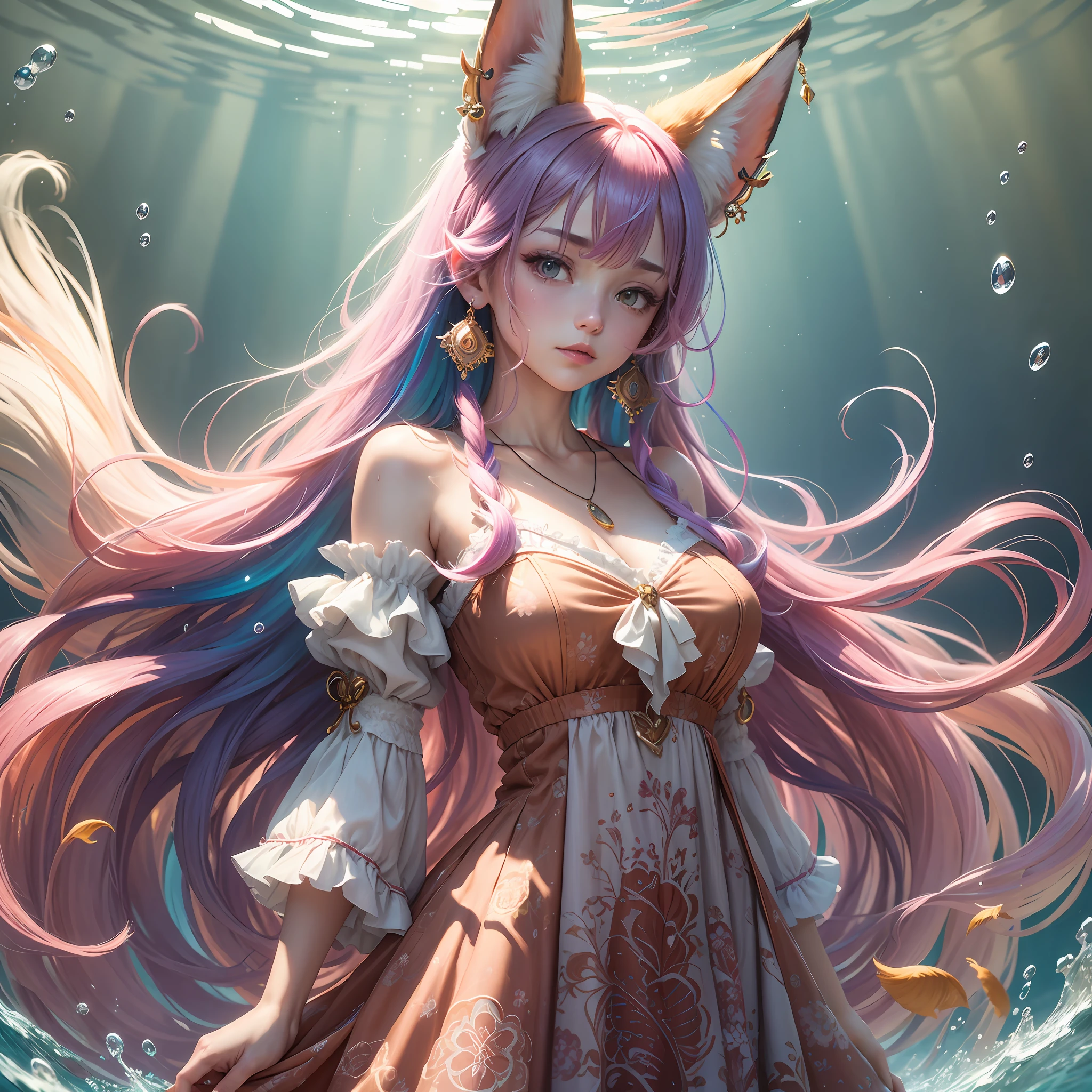 (best quality), (masterpiece), (high-rise), original, (very detailed 8K wallpaper), (standing), (upper body), 1girl, solo, arms behind back, (fox ears)), floating hair, soft light, flexibility, underwater, coral, (standing), sunlight, bright, earrings, lace, necklace, ((bright light silk)), ((patterned clothes)), multi-colored hair, gradient hair, colored inner hair, colored tips, unkempt hair, There is milk, sweat, bangs on the body, --auto --s2