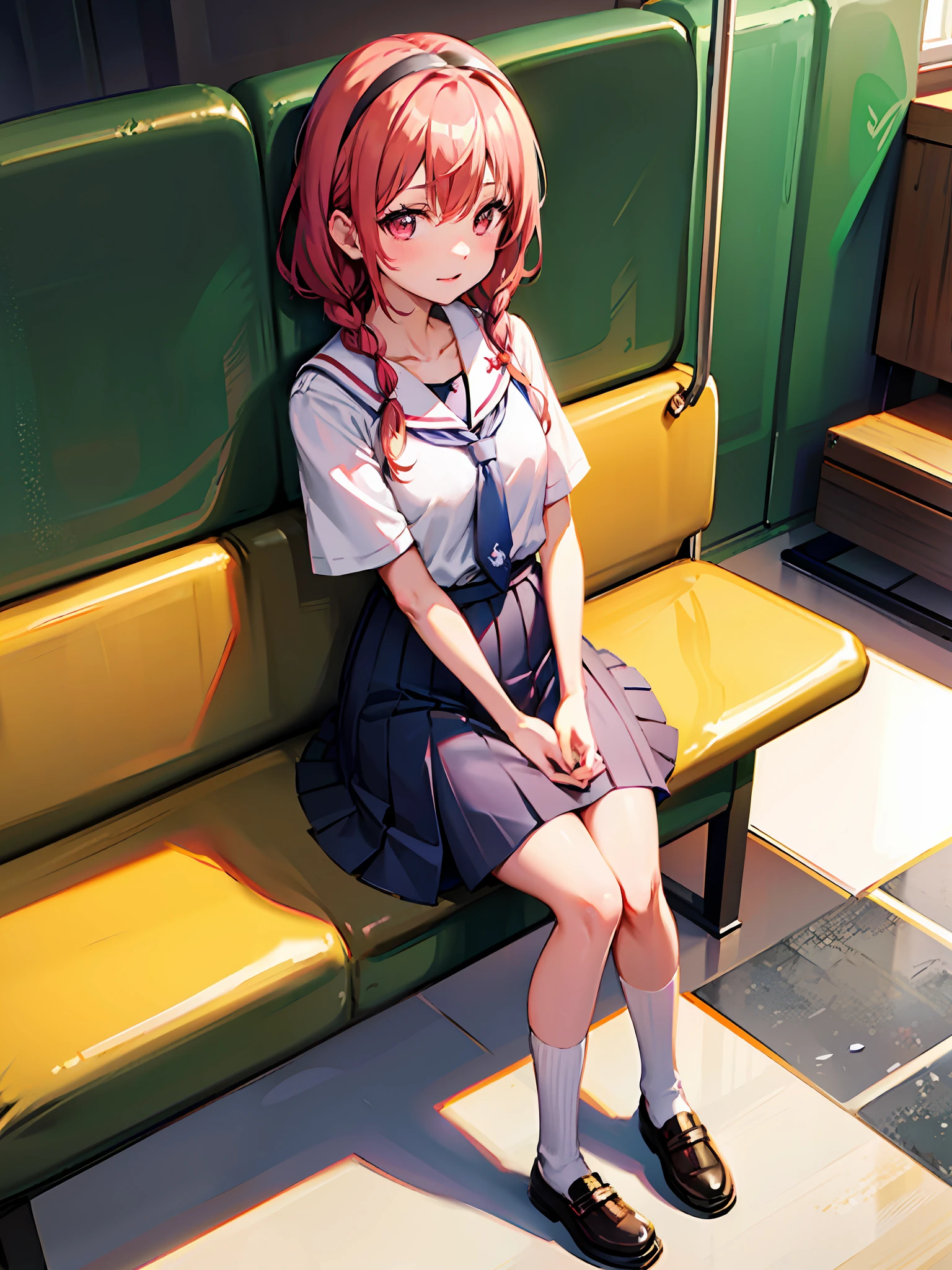 anime girl sitting on a bench in a train with her legs crossed, a picture by Shitao, pixiv, shin hanga, a hyperrealistic schoolgirl, hyperrealistic schoolgirl, cute schoolgirl, realistic schoolgirl, beautiful anime high school girl, seductive anime girl, attractive anime girl, cute anime girl, pretty anime girl, young anime girl