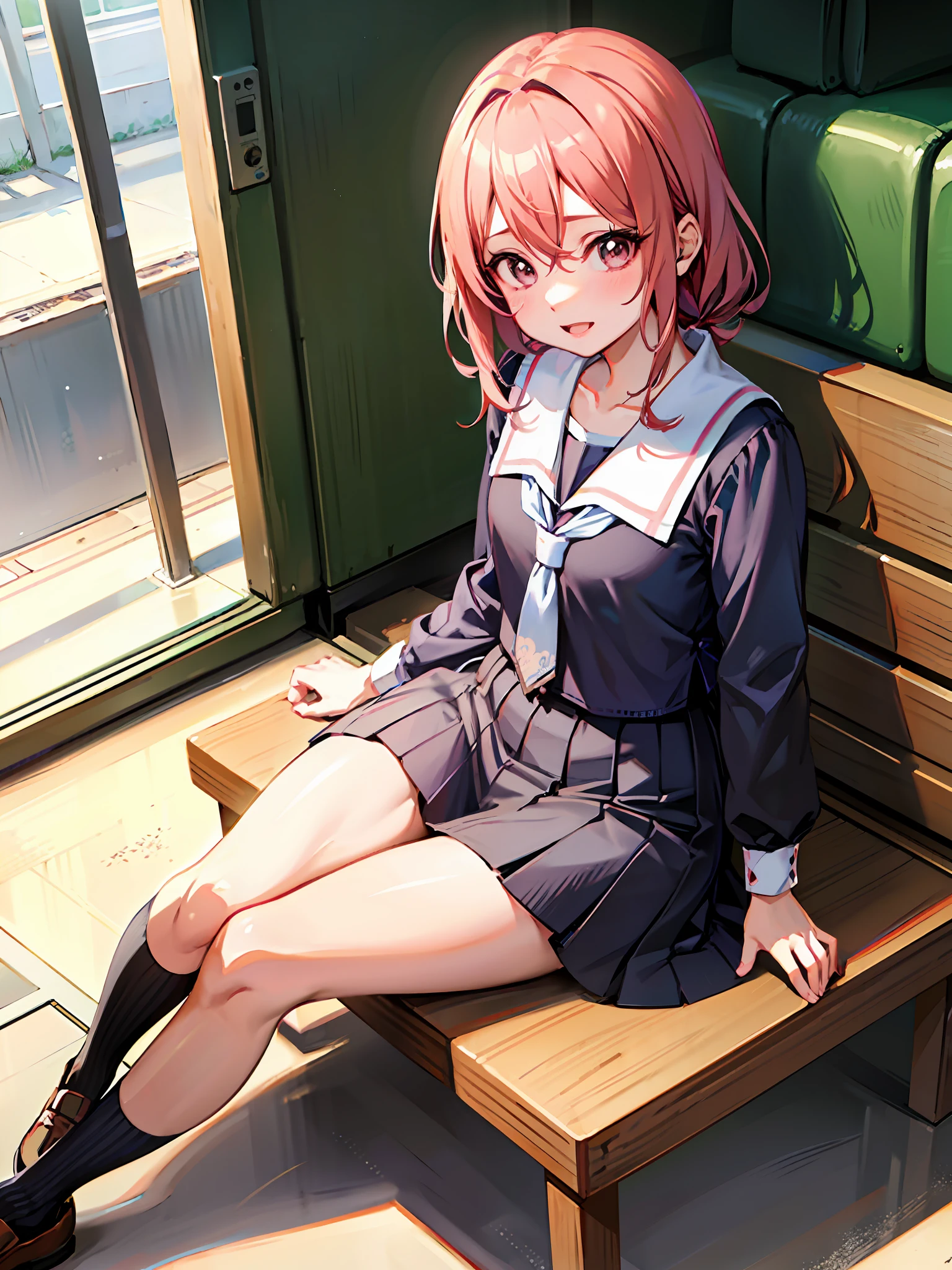 anime girl sitting on a bench in a train with her legs crossed, a picture by Shitao, pixiv, shin hanga, a hyperrealistic schoolgirl, hyperrealistic schoolgirl, cute schoolgirl, realistic schoolgirl, beautiful anime high school girl, seductive anime girl, attractive anime girl, cute anime girl, pretty anime girl, young anime girl
