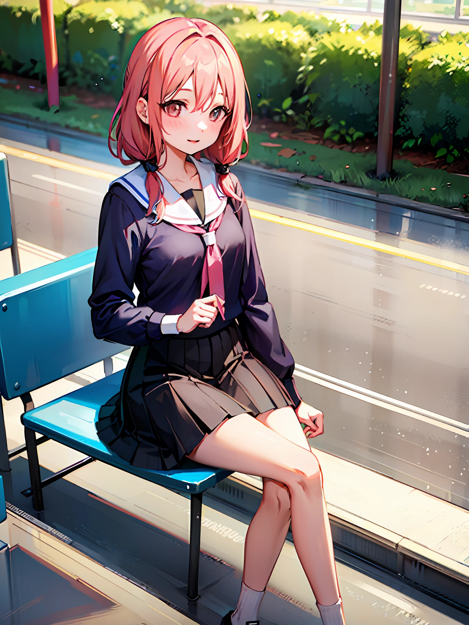 anime girl sitting on a bench in a train with her legs crossed, a picture by Shitao, pixiv, shin hanga, a hyperrealistic schoolgirl, hyperrealistic schoolgirl, cute schoolgirl, realistic schoolgirl, beautiful anime high school girl, seductive anime girl, attractive anime girl, cute anime girl, pretty anime girl, young anime girl