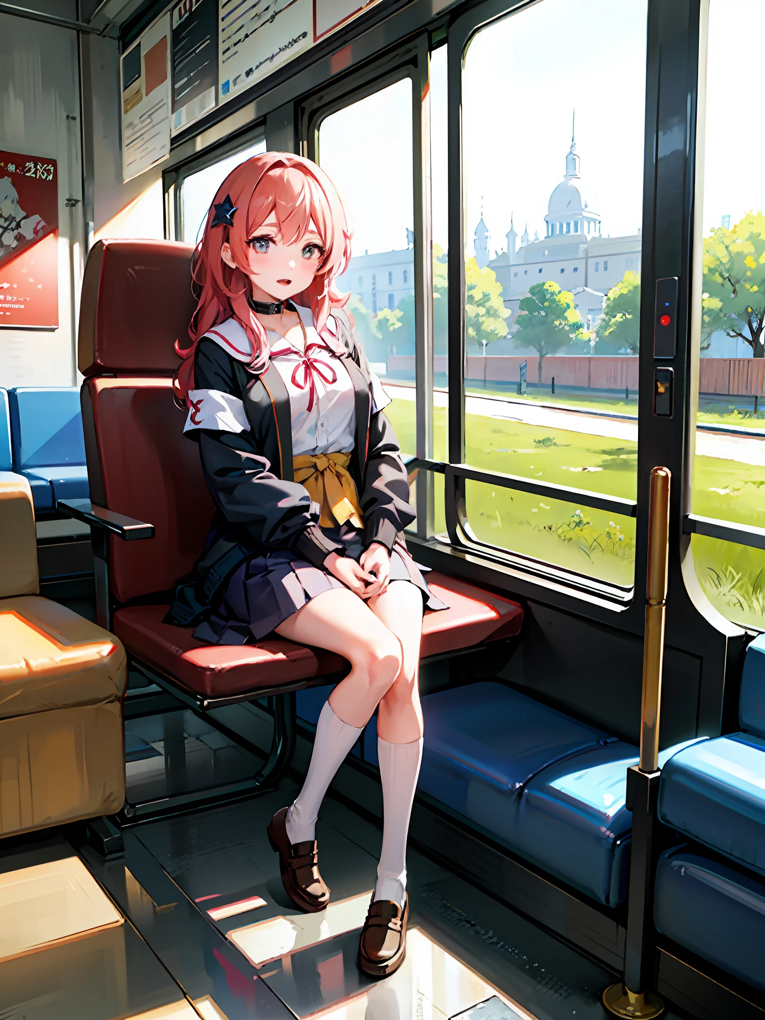 anime girl sitting on a bench in a train with her legs crossed, a picture by Shitao, pixiv, shin hanga, a hyperrealistic schoolgirl, hyperrealistic schoolgirl, cute schoolgirl, realistic schoolgirl, beautiful anime high school girl, seductive anime girl, attractive anime girl, cute anime girl, pretty anime girl, young anime girl