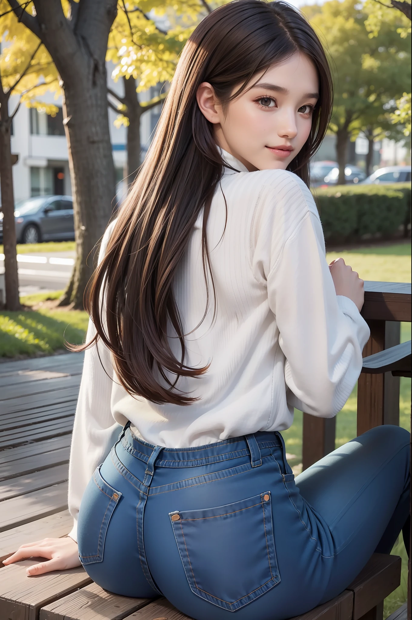 spirit, 1girl, solo, jeans, pants, long hair, shorts, brown hair, sitting, looking at the audience, outdoors, looking back, blurred, parted lips, sweater, blurred background, brown eyes, lips, realistic, from behind, long sleeves, shirt, tree, stripes, blue pants, smile, day
