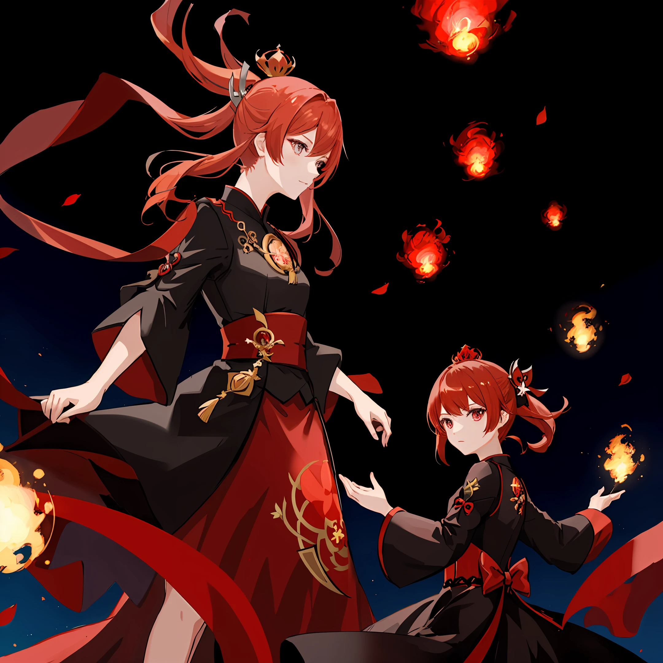 Own character, genshin impact, red hair, crown, dress, pyro, female, cute, masterpiece