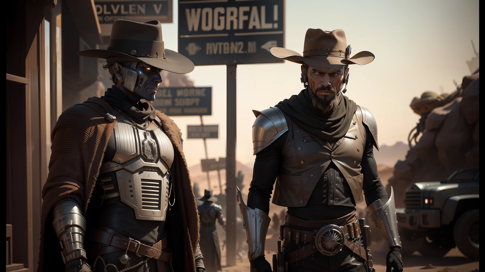 they are dressed in costumes and hats for western events, movie still of a villain cyborg, behance favourite, 4k image”, somewhere in sands of the desert, with two characters, westworld style, metal art, new vegas style --auto --s2