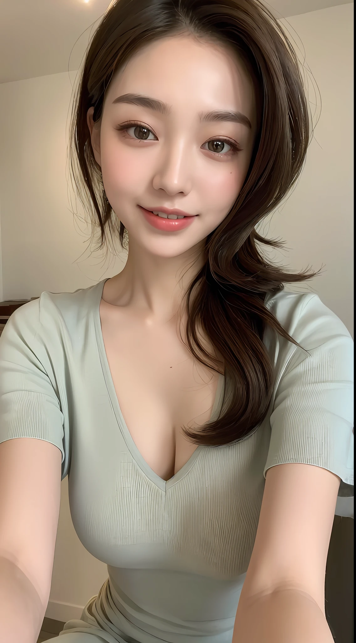 ((Best Quality, 8K, Masterpiece: 1.3)), 1girl, Slim Abs Beauty: 1.3, (Casual hairstyle, Big breasts: 1.2), Dress: 1.1, Super fine face, Delicate eyes, Double eyelids, smile
