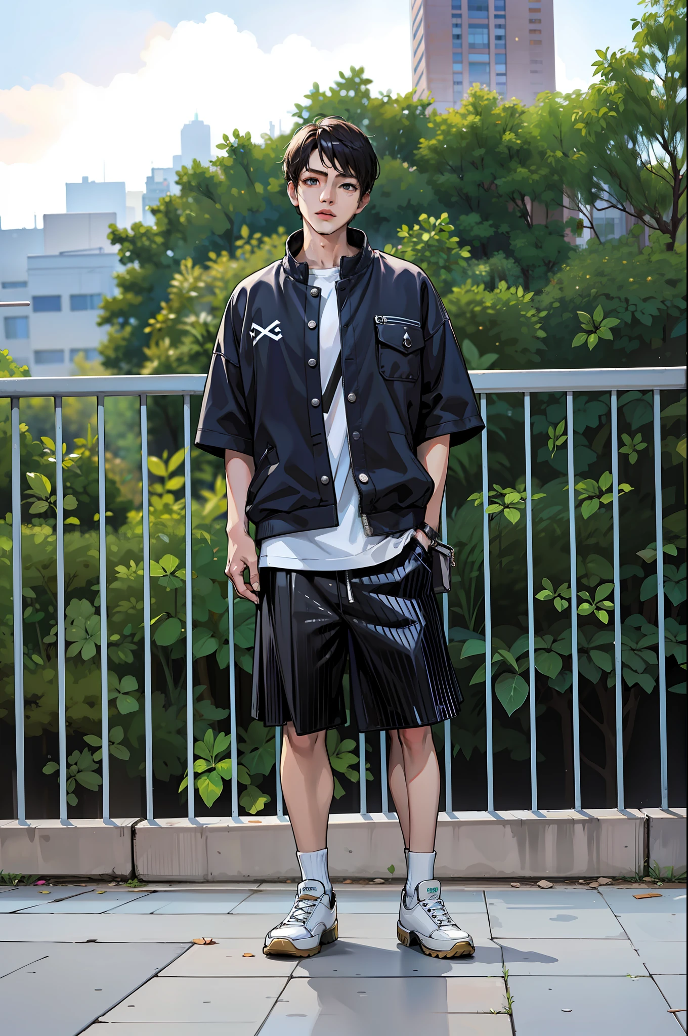 boy, vertical painting, natural light, global light, front view, fashion, pattern, fashion, trendy brand, tank top, cool, zipper, buttons, pattern, logo, pleats, sophisticated, sequins, sparkle, generate more details, t-shirt, shorts, shiny, modern, anime style, anime, modern, futuristic, first-person perspective, panorama, concept art, uhd, masterpiece, ccurate, super detail, high detail, high quality, best quality, high resolution, no background, white background