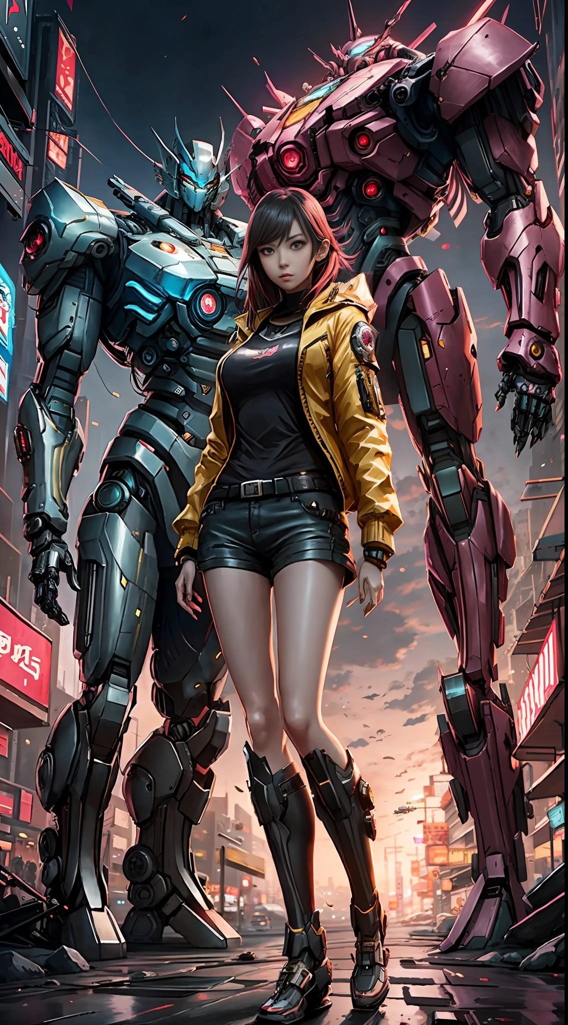 Boutique,best quality,Gold jewelry,(slip out feet),Fairy skin,(Fidelity :1.2),Standing,Super Detailed,realistic,High quality,Movie Light,Ray tracking,Ultra HD,Upper body
Girl in shorts and jacket standing next to giant robot, Guweiz style artwork, CyberPunk mech, Trends on CGSTATION, Guweiz, Russell Dongjun Lu, digital cyberpunk anime art, Ross Tran 8 K, Guweiz on ArtStation Pixiv, Girl in mecha network armor