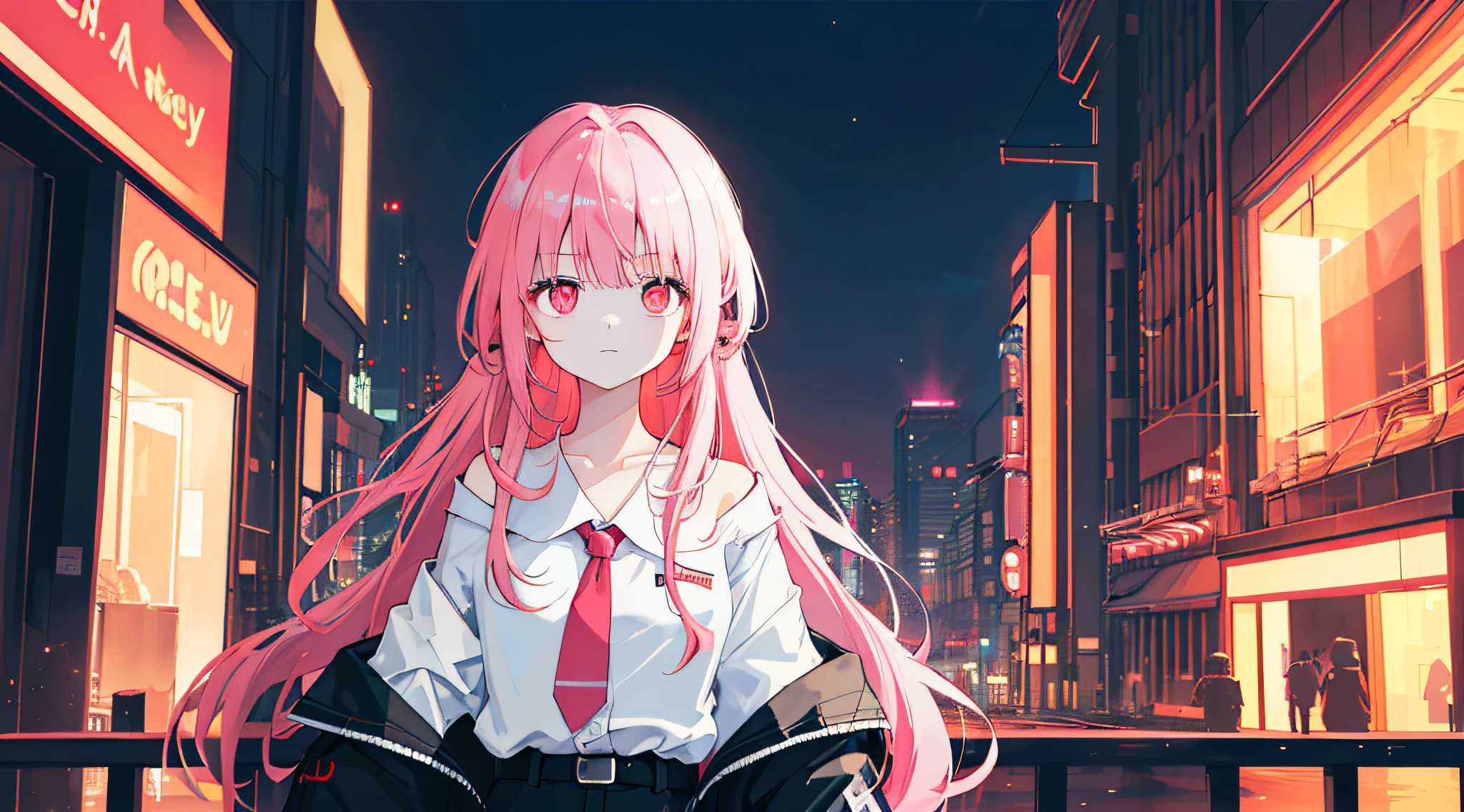 1girl, solo, loli, petite, (very_long_pink_hair), braids, (red_eyes), medium_breasts, (white_shirt:1.5), (windbreaker), (off_shoulder:1.2), (portrait), glowing_eyes, background_light, (cityscape:1.5), (neon_lights:1.2), (shushing:1.2),(science), cyberpunk, ((masterpiece)), (highres), (best_quality), (highly_detailed), (original),(Delicate background),(extremely detailed 8K wallpaper),cinematic lighting, volume lighting, light particles, shaded_face, beautiful_detailed_eyes, depth_of_field, perspective,