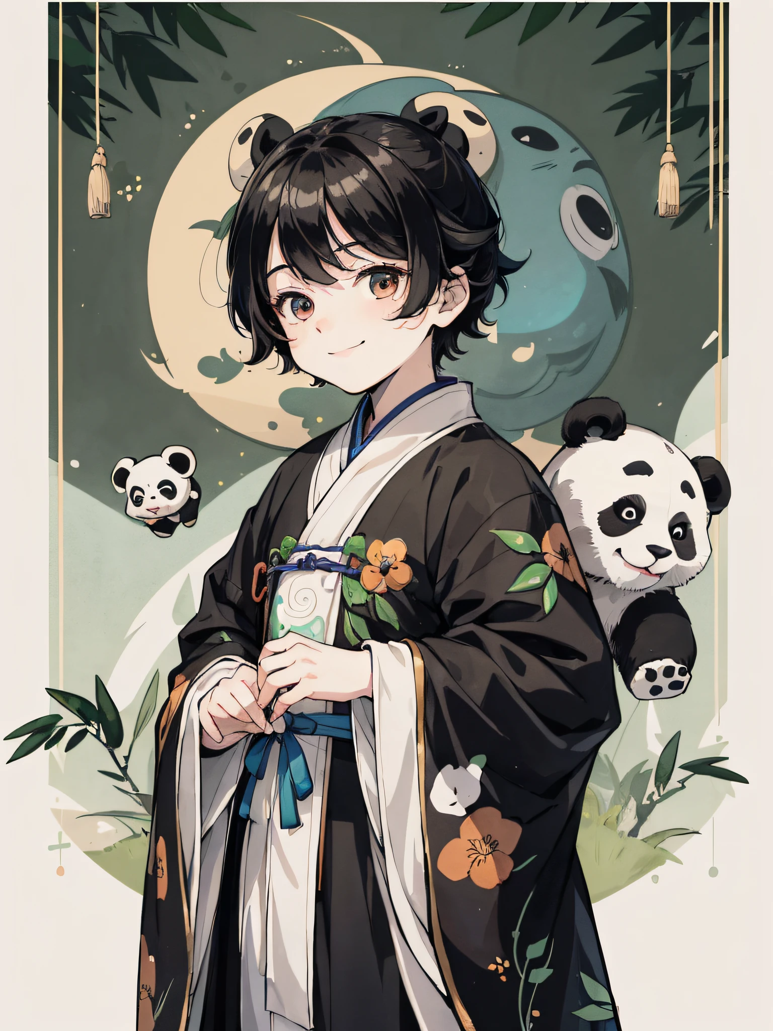 absurdres, highres, ultra detailed, (1boy:1.3), hand drawn, simple line,  boy in colorful Hanfu, lovely boy, masterpiece, with a giant panda, (giant panda: 1.3), happy, smile