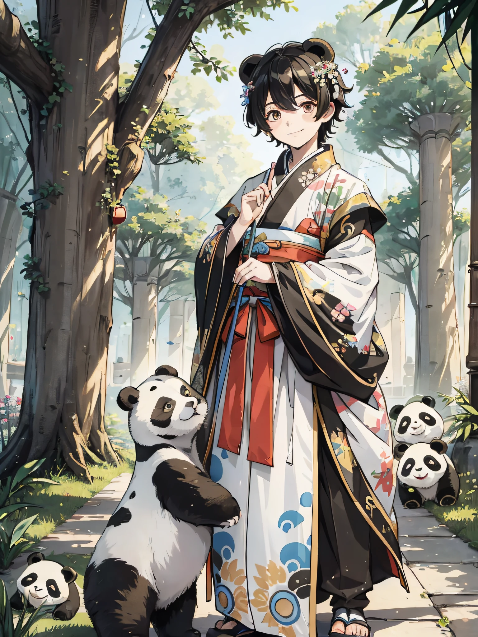 absurdres, highres, ultra detailed, (1boy:1.3), hand drawn, simple line, 16yo boy in colorful Hanfu, lovely boy, masterpiece, with a giant panda, (giant panda: 1.3), happy, smile