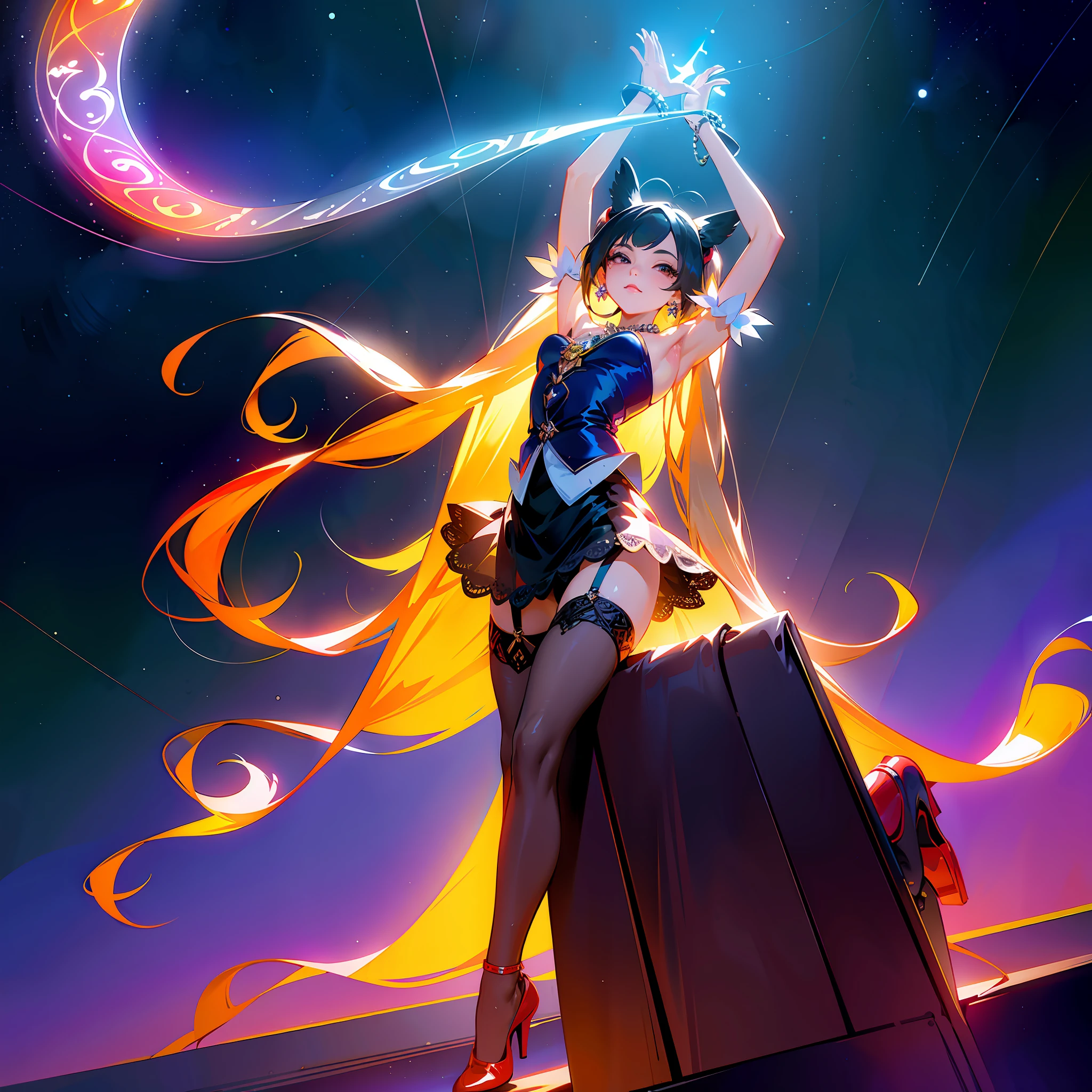 1girl,((Masterpiece))), (Photorealistic:1.4),Solo,Queen's Chair, Office shot, Royal shoes, Very long hair, Twin tails, Sit on chair, Game CG,There is a window in the room,Only one person,Single,Beautiful face,Goddess of God, Shiny skin, Skindentation, Lace, on chest, earrings, fake animal ears, necklace, pubic hair, skirt aside, ((legs spread)), red footwear, (((night)), ((night sky)), see-through legwear, cure lovely, hair ring, thigh straps, ((arms raised)),