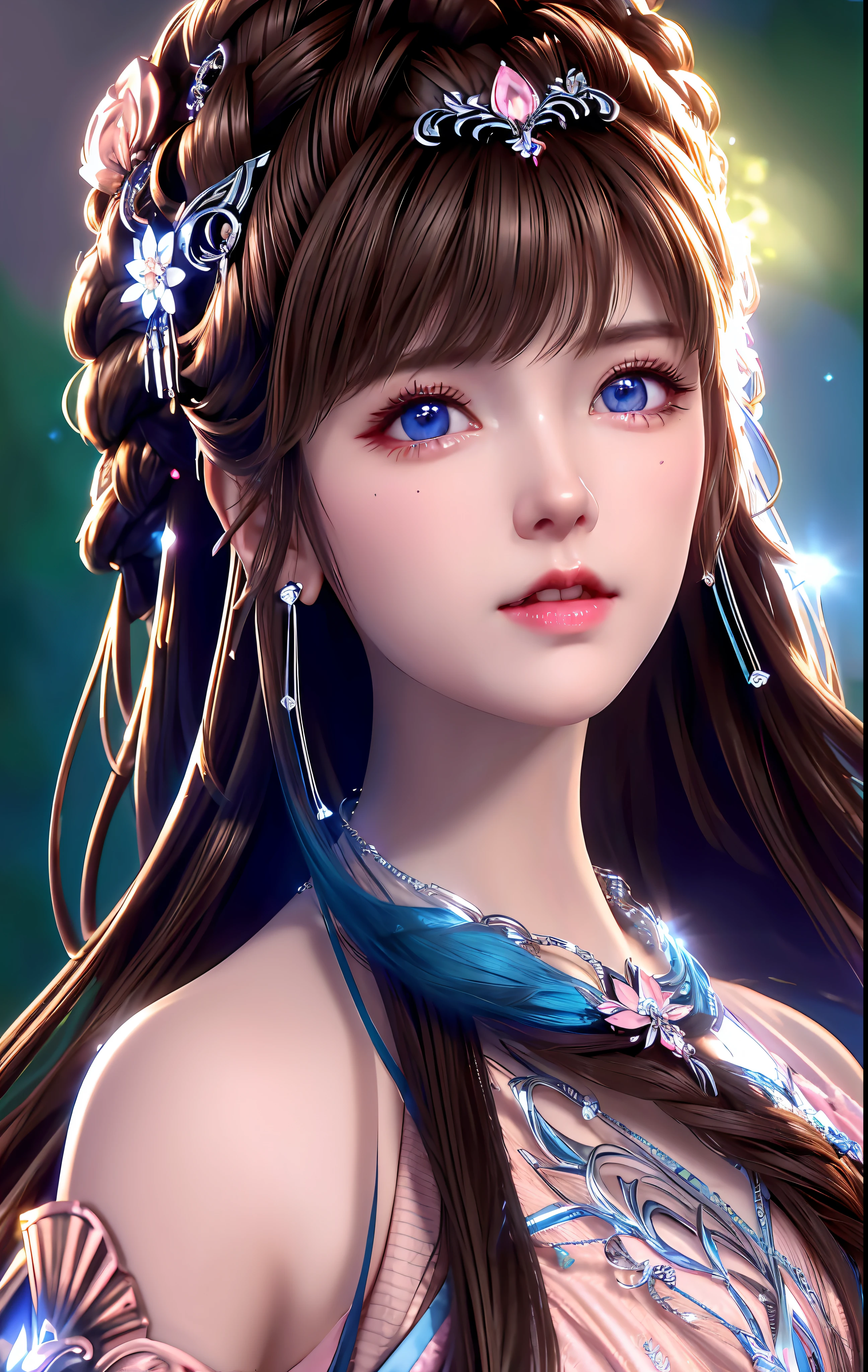 best quality, masterpiece, high_res, 1girl, hair ornament, necklace, jewelry, Beautiful face, tyndall effect, photo realistic, rim lighting, two tone lighting, (high detailed skin:1.2), 8k uhd, dslr, soft lighting, high quality, volumetric lighting, candid, Photograph, high resolution, 4k, 8k, Bokeh, medium breasts, absurdres, light brown hair color, blue eyes color, pink color dress,