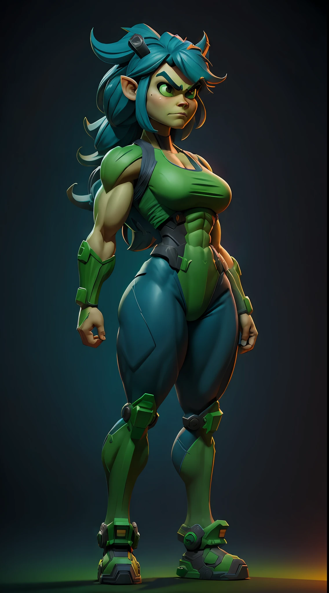Female Hulk, cute face, serious face, Hulk costume, standing, post apocalytic dessert, night time, colorful background, UHD, side lighting, ultra realistic, ray tracing, full body must be shown