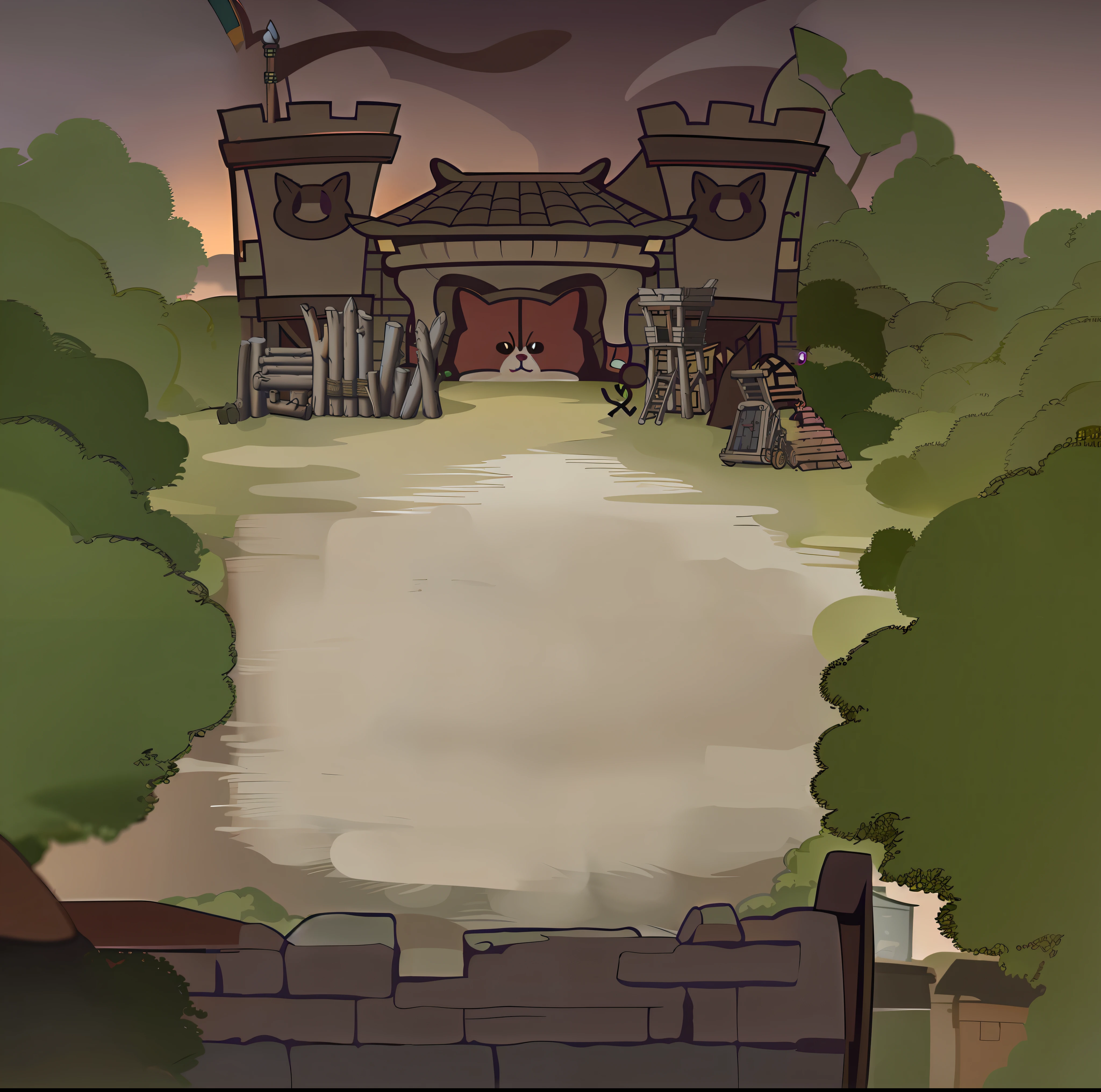 cartoon illustration of a small village with a brown bear in the middle, invading army background, arena background, tavern background, town background, distant village background, background art, background battlefield, random background scene, bloodbath battlefield background, rpg background, battlefield background, [[empty warehouse]] background, town center background, battleground background, background is a slum