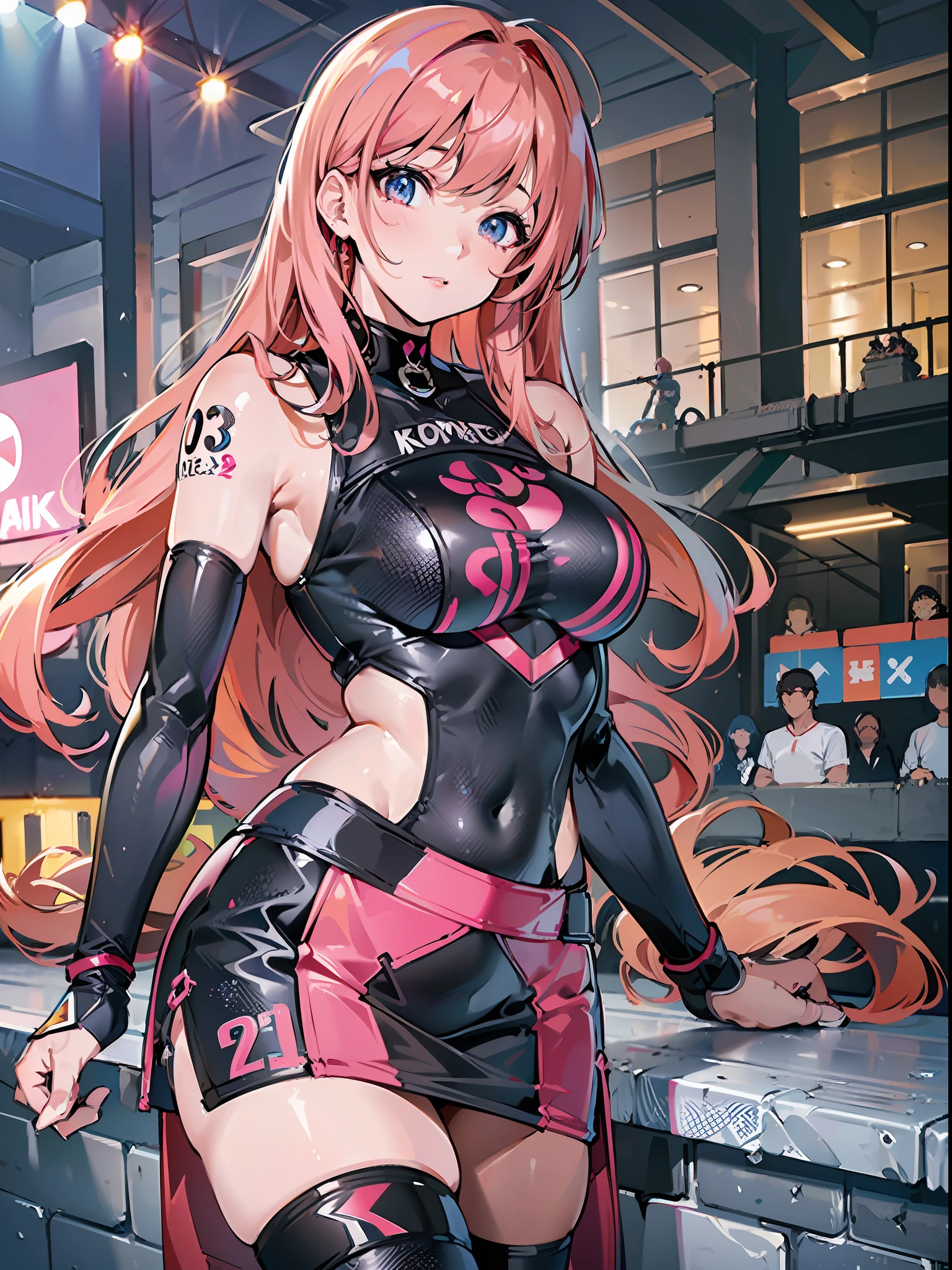 Top Quality, Ultra High Resolution, (Photorealistic: 1.4), (Pink Long Hair: 1.3), (Azure Lane\), One Girl, (Kpop Idol), Watch Audience, Detailed Face, Contrappost, Smooth Skin, Perfect Anatomy Professional Lighting, Futuristic Fashion, Streetwear, High-Tech Fabric, Racing Suit, Fireproof Material, Elbow and knee pads, racing gloves, personalized embroidery, sports car background, pits, miniskirt, belly button, pink hair, Suzuka circuit, circuit home straight, circuit track, stomach visible clothes