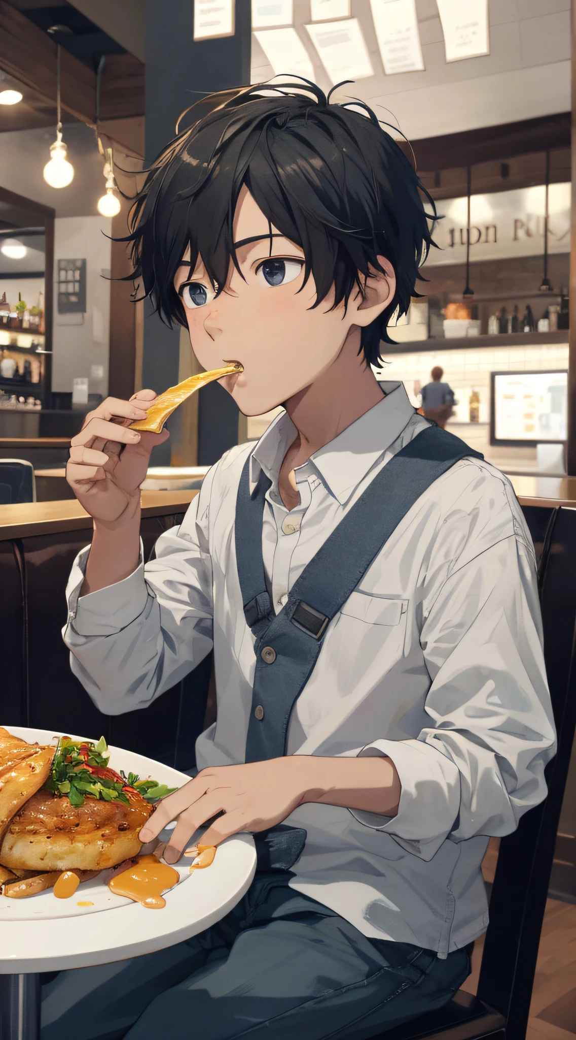 A boy, eating at a restaurant