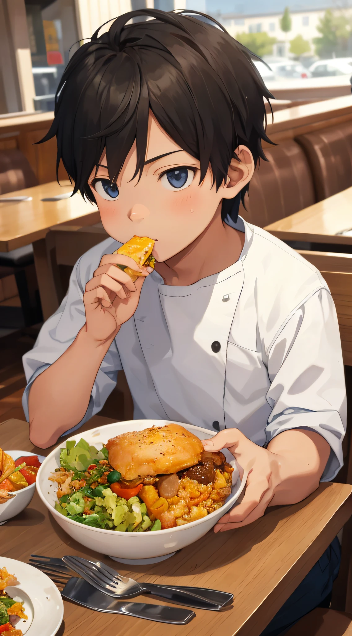A boy, eating at a restaurant