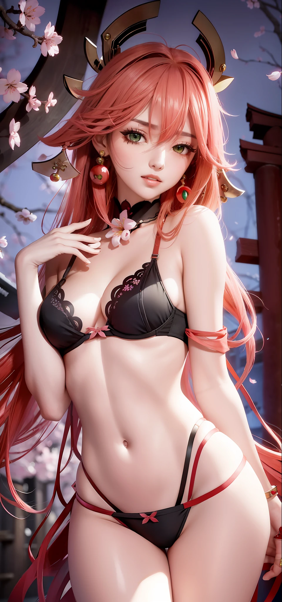 Wearing nothing, black underwear, (masterpiece, excellent, 1girl, solo, intricate details, color differences), realism, (middle breath)), off-shoulder, big, sexy, yaemiko, long pink hair, red headdress, red highlights, hair over one eye, green eyes, earrings, sharp eyes, perfectly symmetrical figure, choker, towards the wall, brick wall, graffiti, dim lighting, alley, Look at the audience, ((meaning, seductive, attractive)), (((cherry blossom background))), (Japan temple background))), ((glowing in the dark)), underwear, bra, bare skin, bra laces are detached on one side