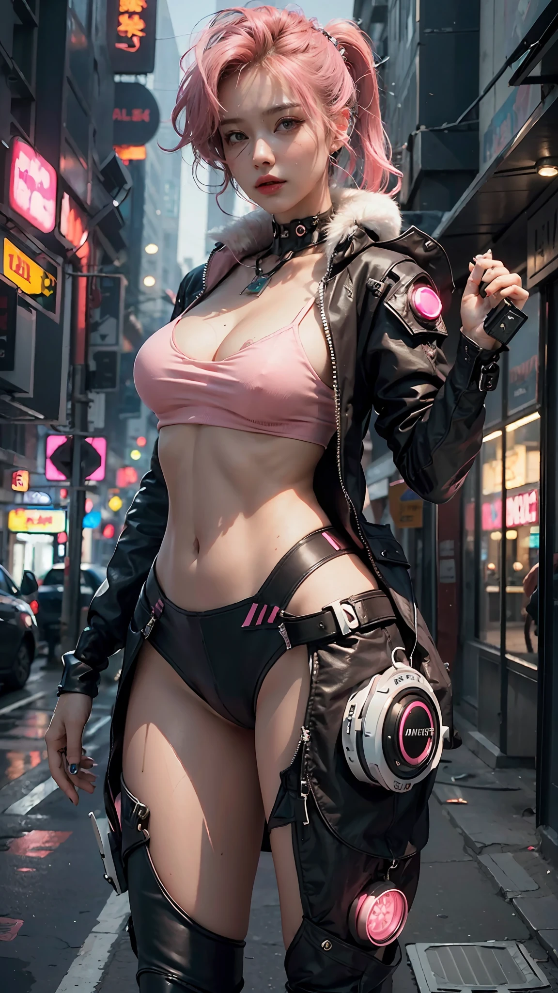 ((Best quality)), ((masterpiece)), (detailed: 1.4), 3D, cyberpunk woman,, a beautiful woman with pink medium calluses, looking at camera, dirty clothes