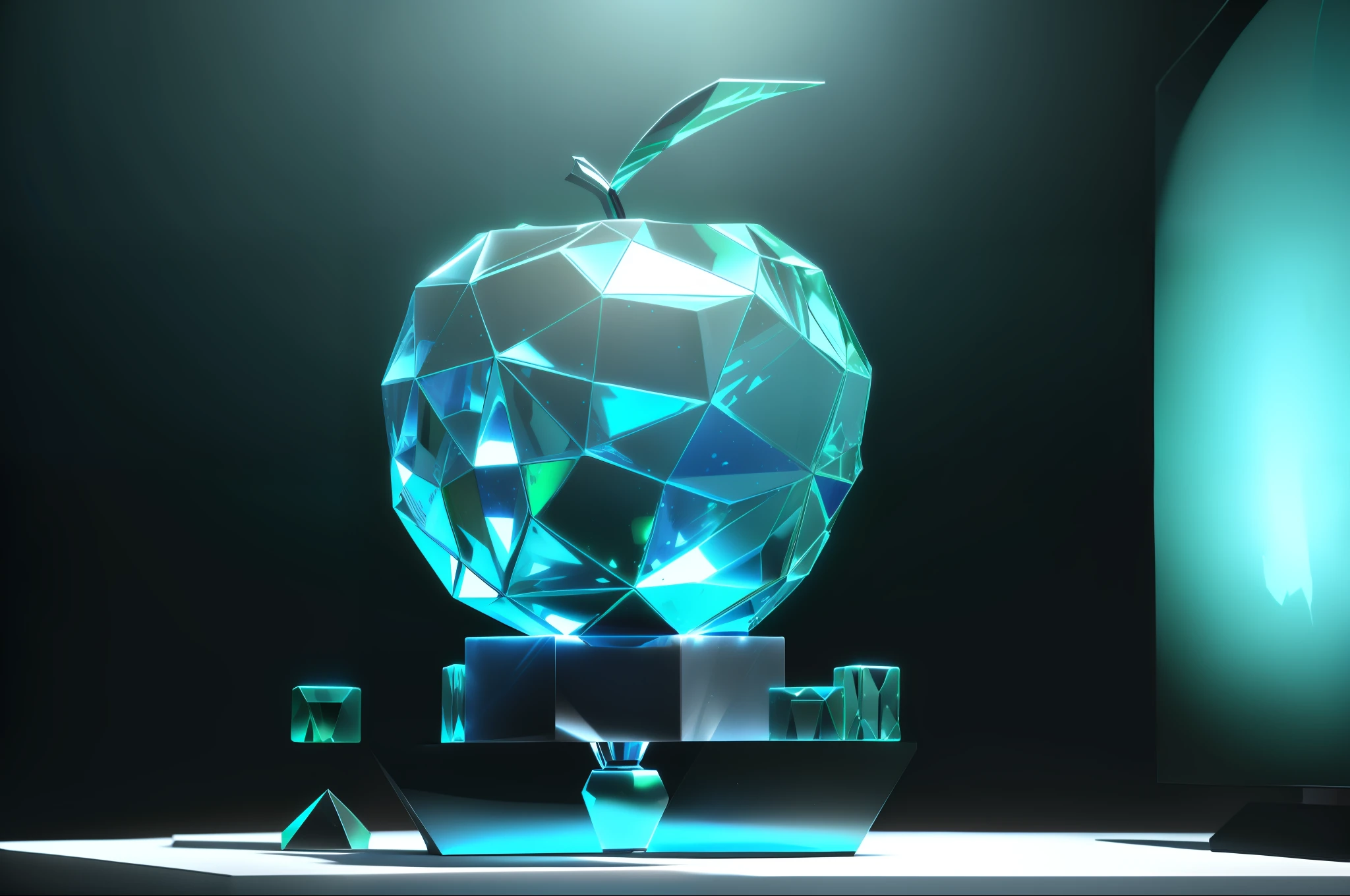 there is a glass apple sculpture on a pedestal with a mirror, uneven glass apple in the dark, rendered, inspired by Buckminster Fuller, statue made of glass, rendered in cinema 4 d, rendered in cinema4d, raytraced render, apple, apple design, rendered art, rendered in keyshot, promotional render, apple logo, digital render