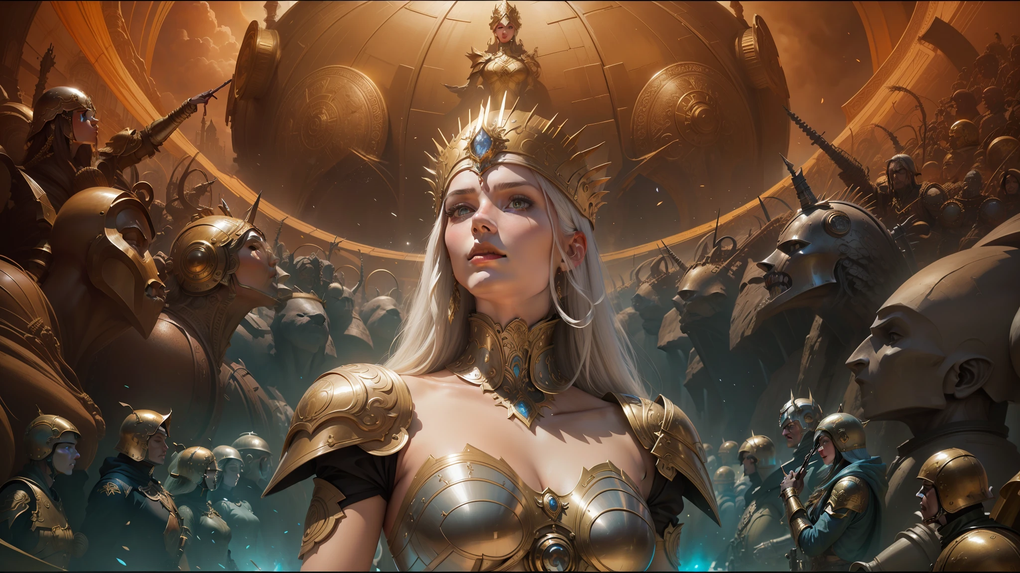 a close up of a woman in a costume with a helmet on, michael whelan and karol bak, huge armies, in style of anne stokes, artificial intelligence princess, wearing an elaborate helmet, art foreground : eloy morales, brass woman --auto --s2