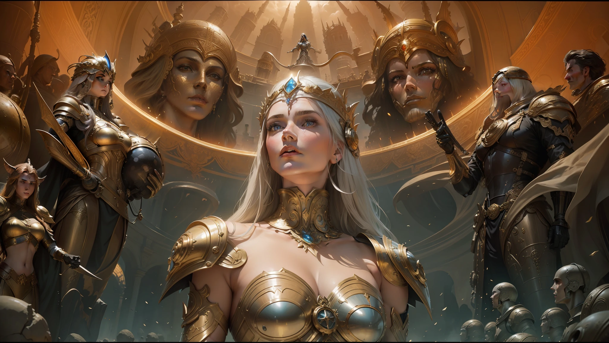 a close up of a woman in a costume with a helmet on, michael whelan and karol bak, huge armies, in style of anne stokes, artificial intelligence princess, wearing an elaborate helmet, art foreground : eloy morales, brass woman --auto --s2