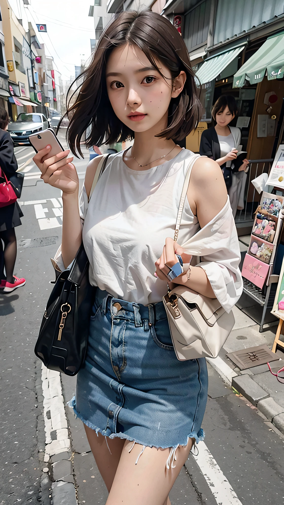 Beautiful woman, fiddling with mobile phone in the middle of the street, short clothes, Japan person