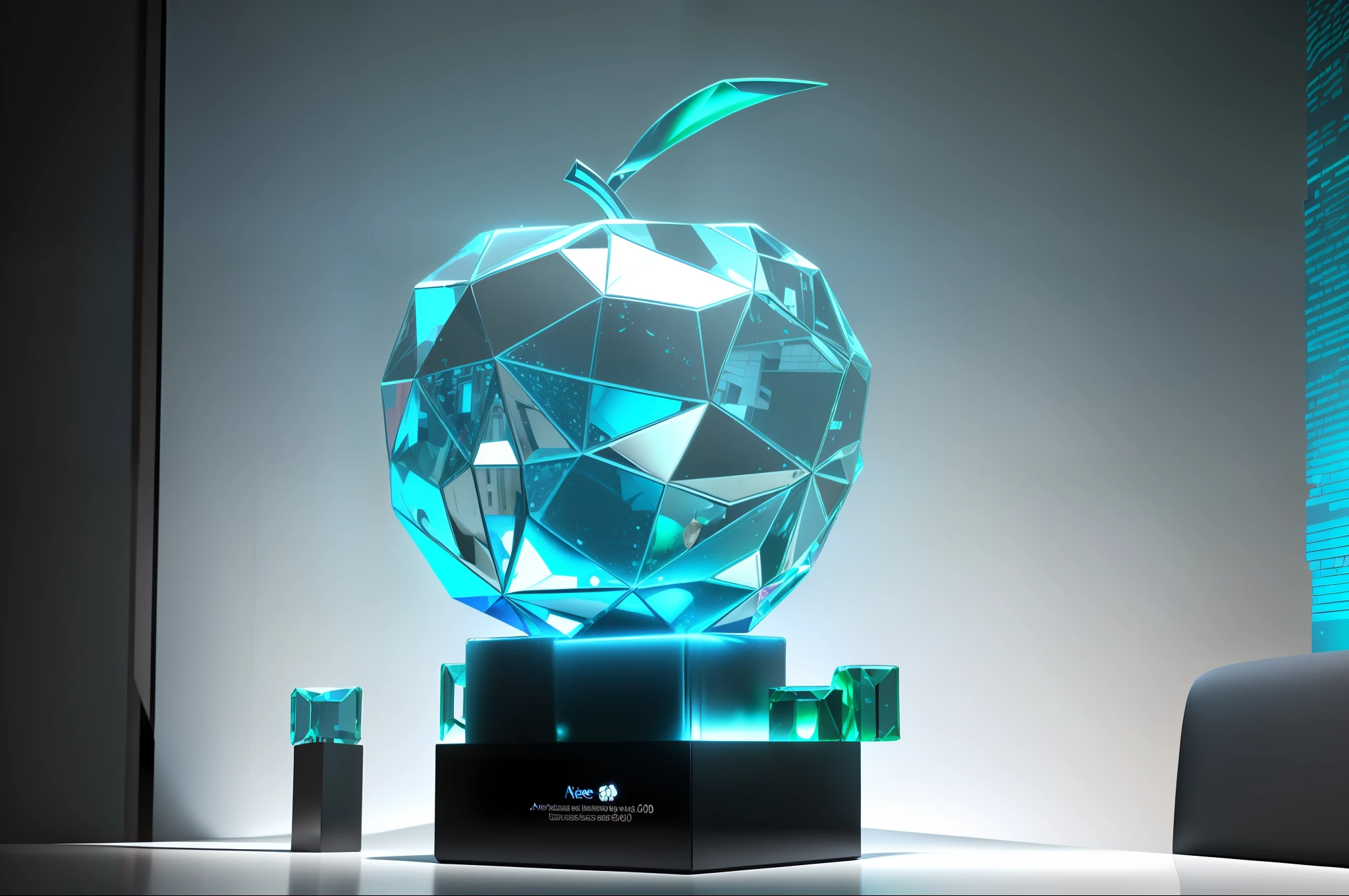 there is a glass apple sculpture on a pedestal with a mirror, uneven glass apple in the dark, rendered, inspired by Buckminster Fuller, statue made of glass, rendered in cinema 4 d, rendered in cinema4d, raytraced render, apple, apple design, rendered art, rendered in keyshot, promotional render, apple logo, digital render
