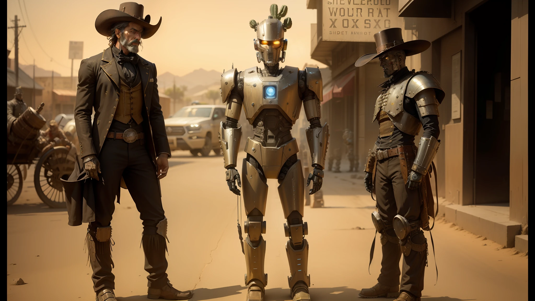 three robots side by side on a street, western steampunk cyborg, westworld, humanoids, old west, by Charles Marion Russell, gritty image, spiked metal armor, anthropomorphic cactus, the golden humanoid robot, 1800s photography, text: roborock, dubstep , space western --auto --s2