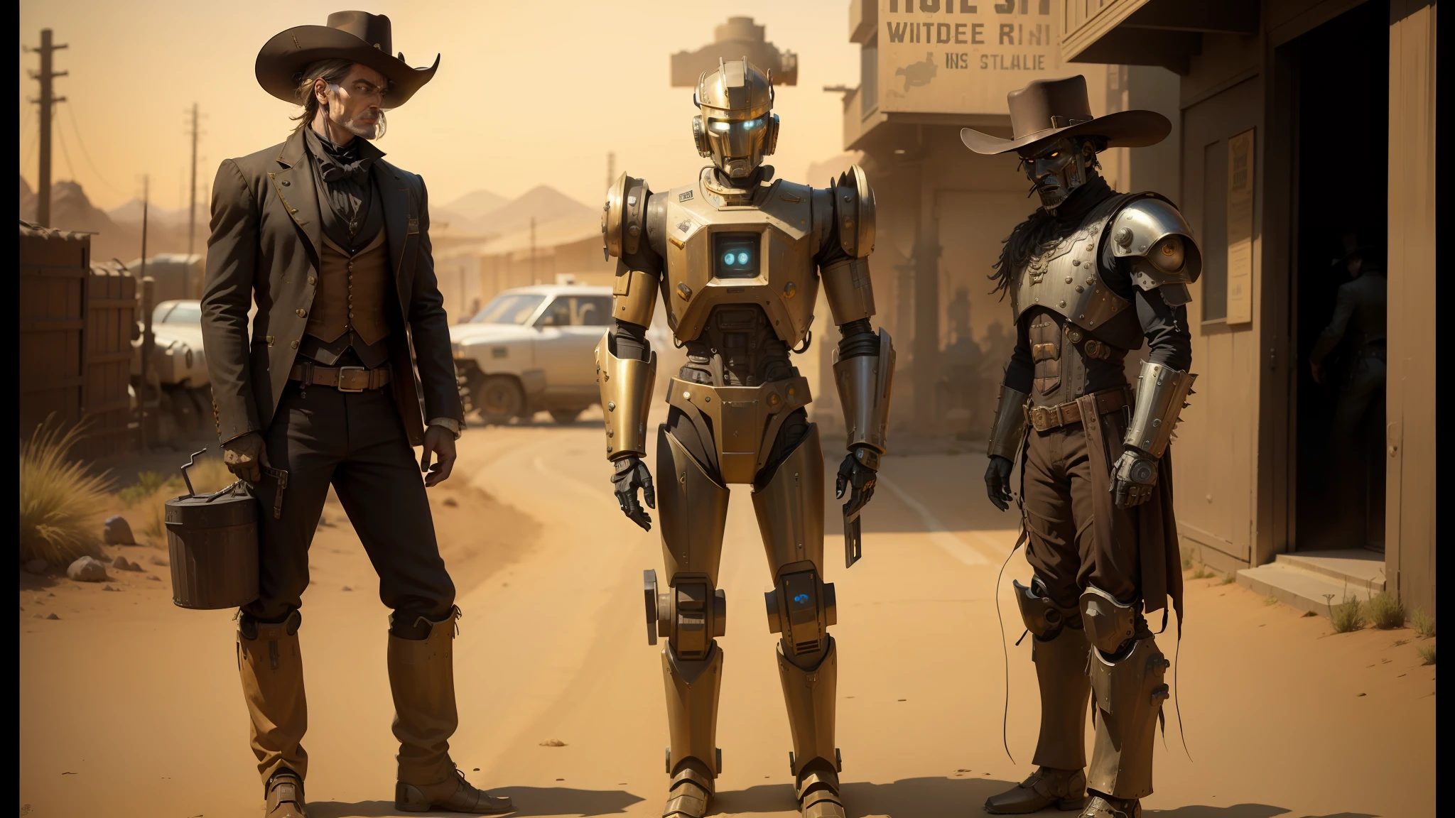 three robots side by side on a street, western steampunk cyborg, westworld, humanoids, old west, by Charles Marion Russell, gritty image, spiked metal armor, anthropomorphic cactus, the golden humanoid robot, 1800s photography, text: roborock, dubstep , space western --auto --s2