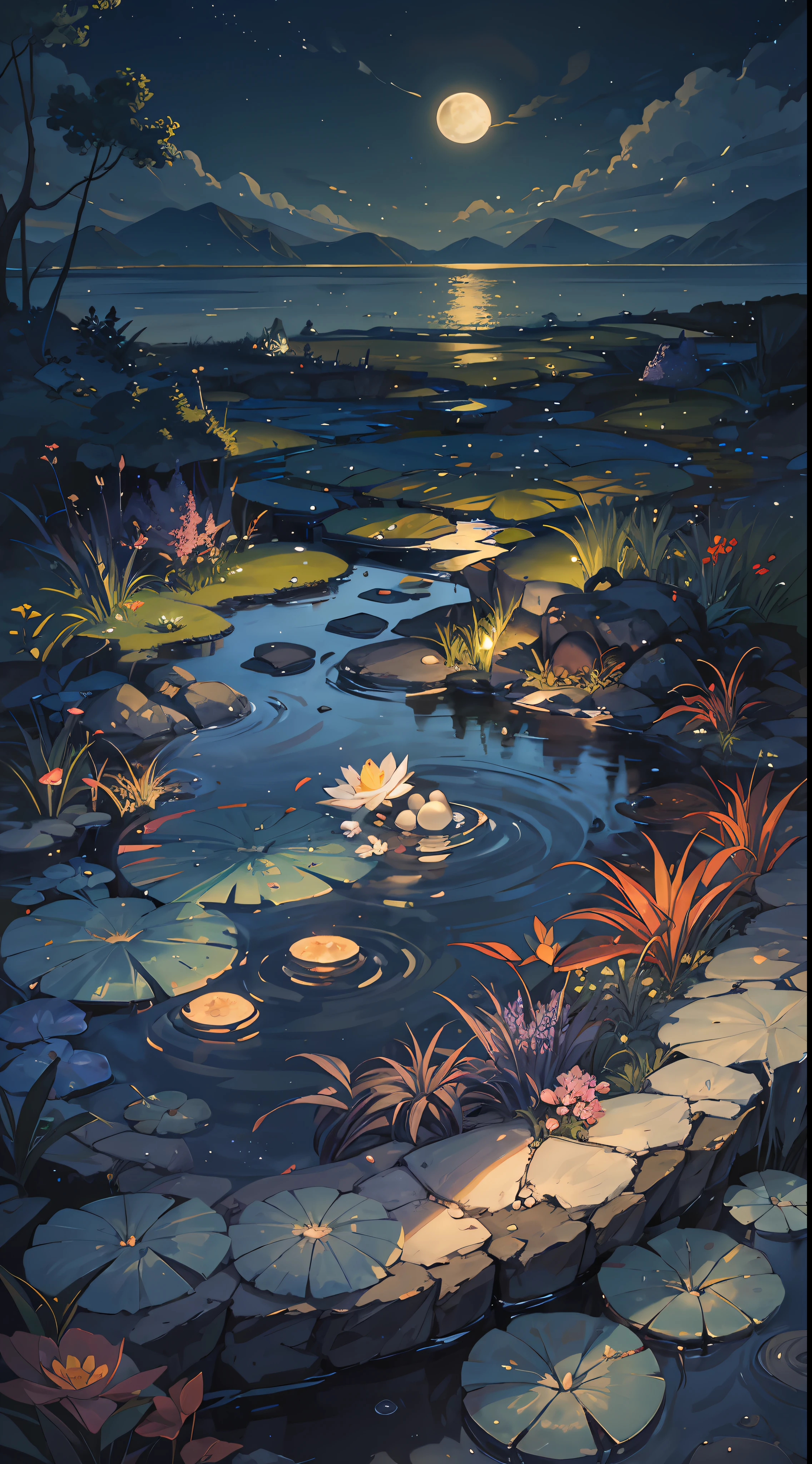 The shadow of the full moon shines in the pond, rolling like pearls in a jade pot, gurgling water advancing in a riverbed full of potholes, and toads swimming in a stream like a belt. With just a few strokes, the vibrant pond in the moonlight comes alive before the reader's eyes. Matte painting in fantasy style with a picture ratio of 9:16 --auto --s2