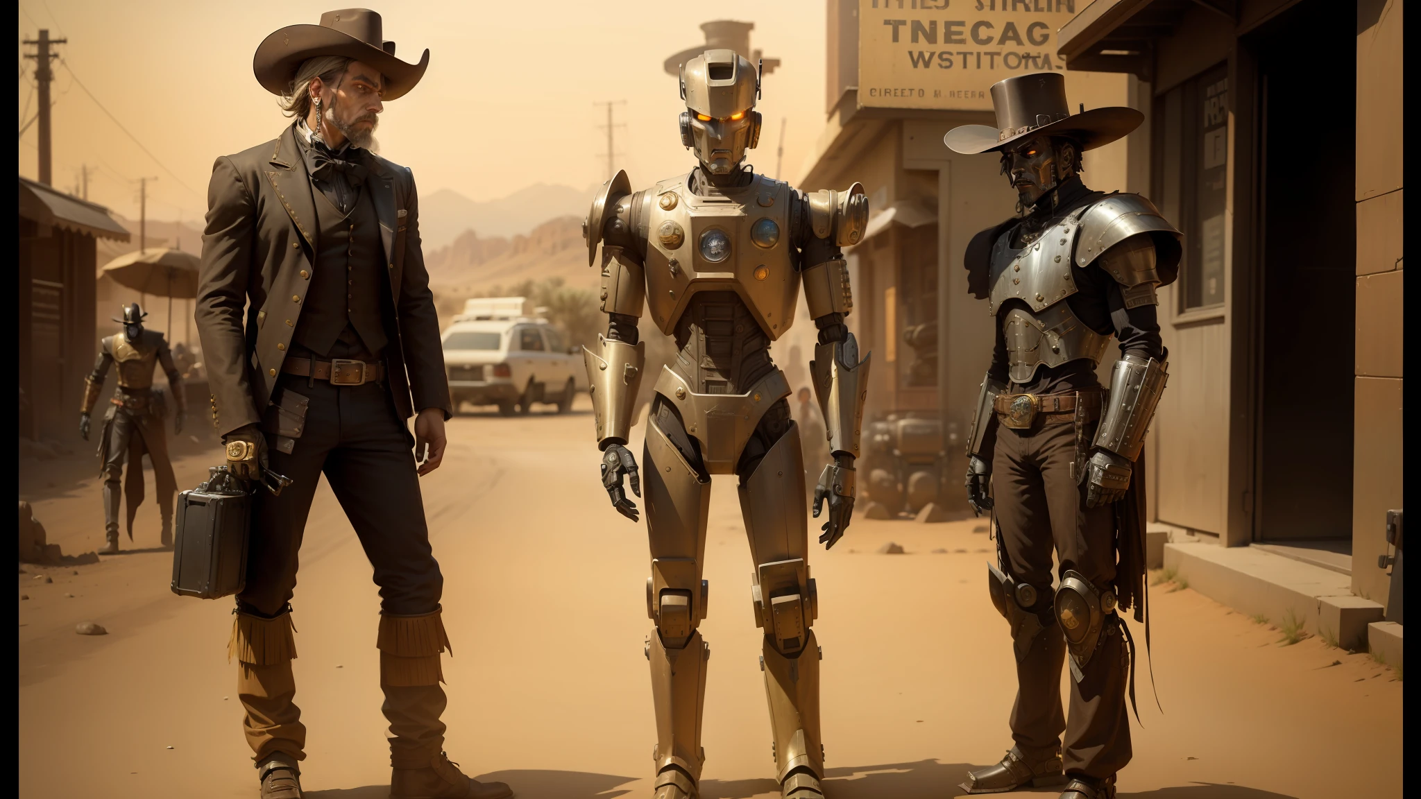 three robots side by side on a street, western steampunk cyborg, westworld, humanoids, old west, by Charles Marion Russell, gritty image, spiked metal armor, anthropomorphic cactus, the golden humanoid robot, 1800s photography, text: roborock, dubstep , space western --auto --s2