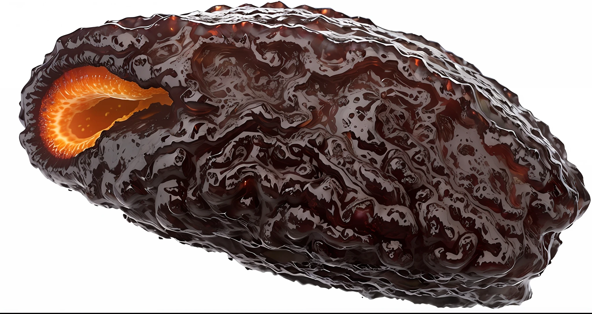 a close up of a piece of fruit with a black background, jelly - like texture, detailed hot maw, baked bean skin texture, obsidian slime, mysterious black slime, made of lava, quixel megascans, black slime, giant tardigrade, mandelbulb 3 d, mandelbulb 3d, megascans texture, 3d mandelbulb