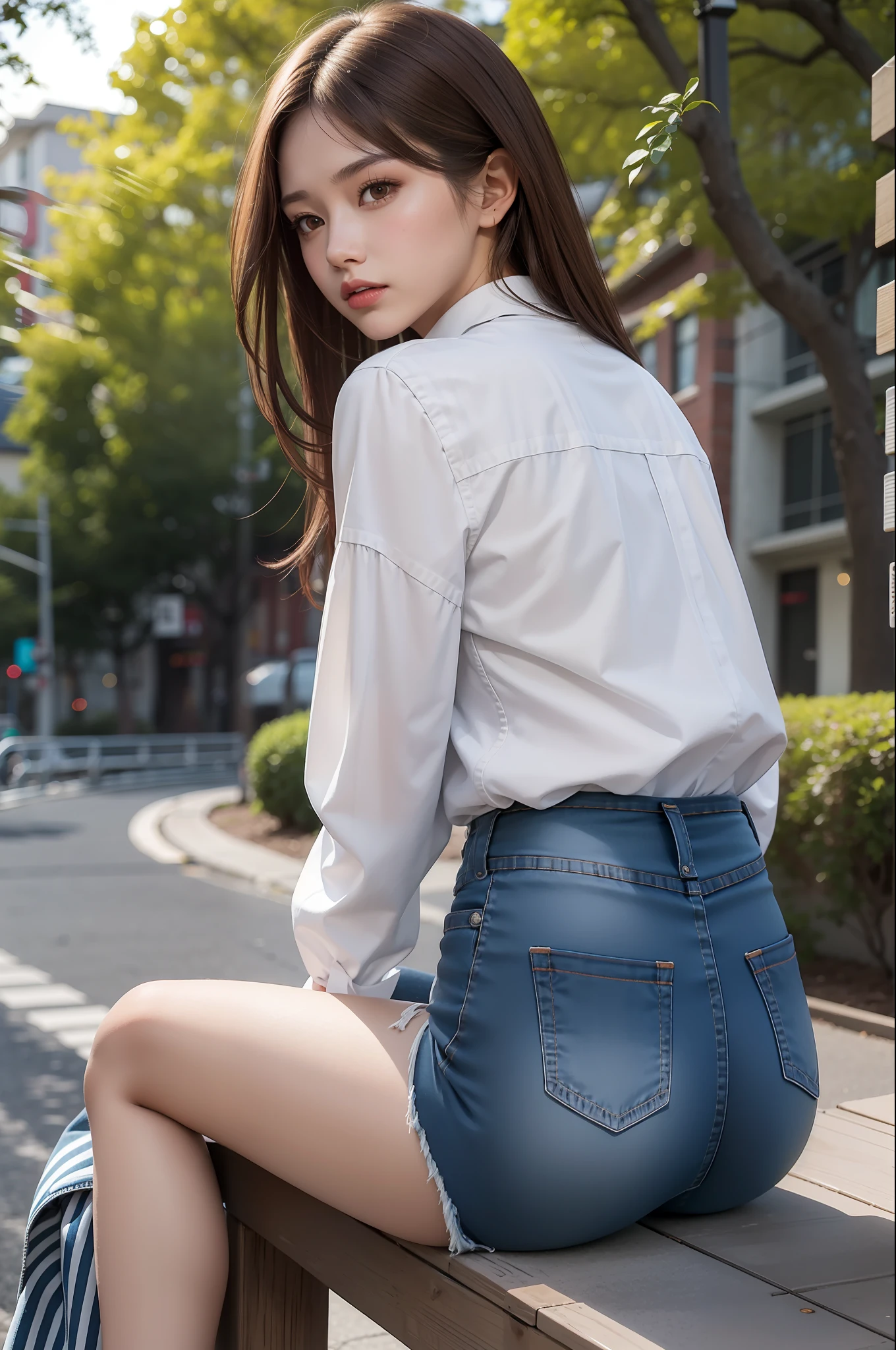 spirit, 1girl, solo, jeans, pants, long hair, shorts, brown hair, sitting, , outdoors, looking back, blurred, pencil skirt, blurred background, brown eyes, lips, realistic, from behind, long sleeves, shirt, tree, stripes,