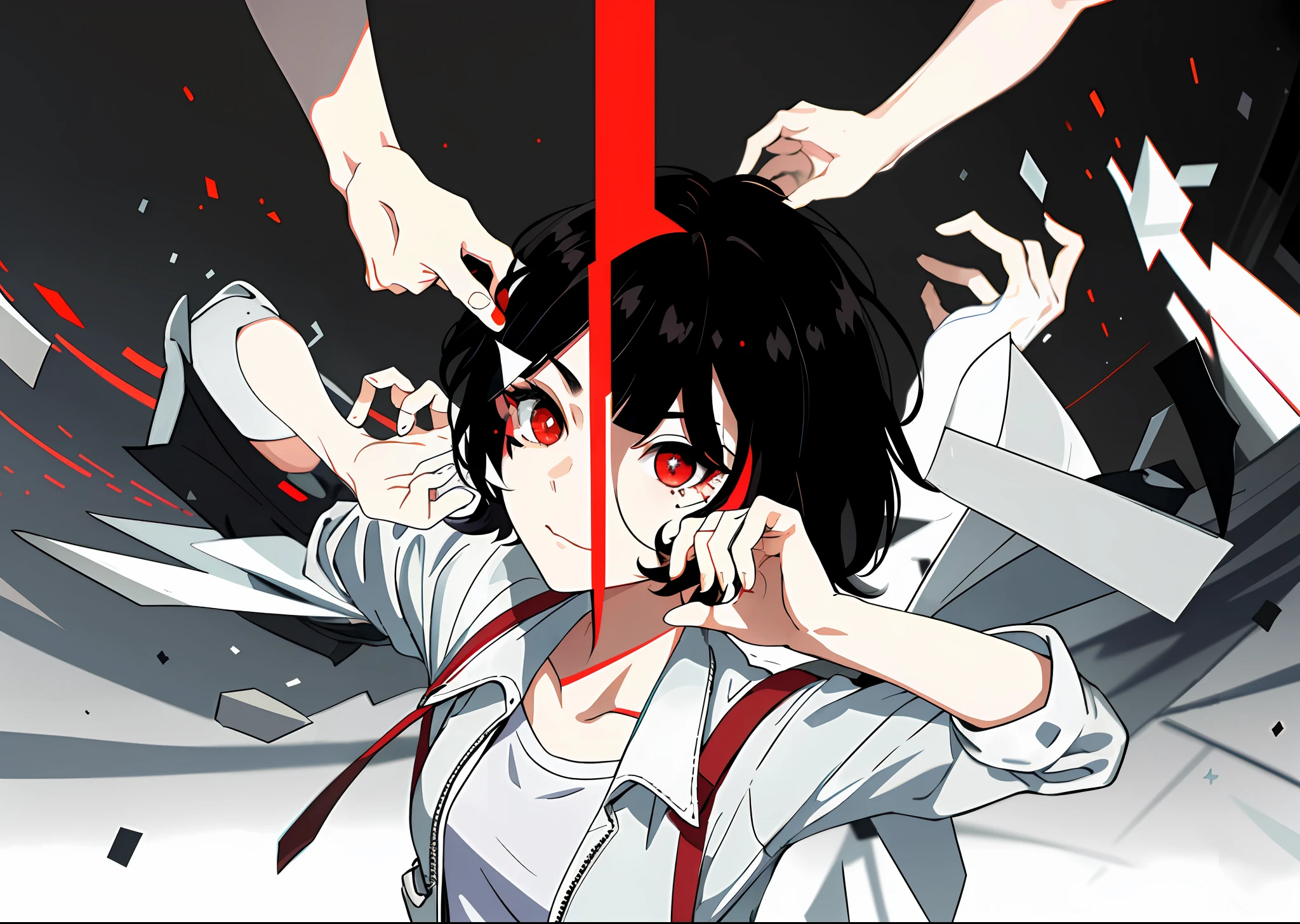 Multi-handed, ((((black hair)))), ((red eyes)), short hair, moles under the eyes, red eyes, long eyelashes, sparkling pupils, crazy, depth of field, motion blur, cinematic lighting, best quality, high resolution, high detail, high quality, award-winning, super detail, textured skin, anatomically correct, uhd, ccurate, 16k, hd, (((headshot))), (only one eye)))