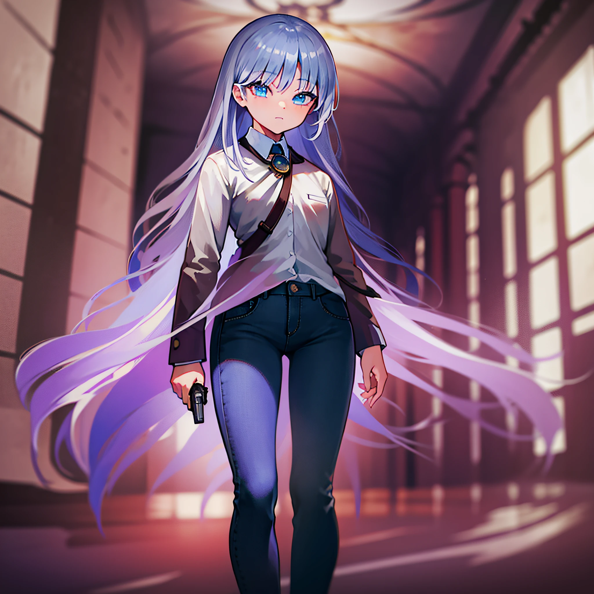 Top Quality, Very Detailed, Masterpiece, Super Detailed, Solo, (1 Girl), (Delicate Eyes), Full Body, Blue Eyes, Detective, Standing Picture, Silver Hair, Long Hair, White Shirt, Handgun, Jeans