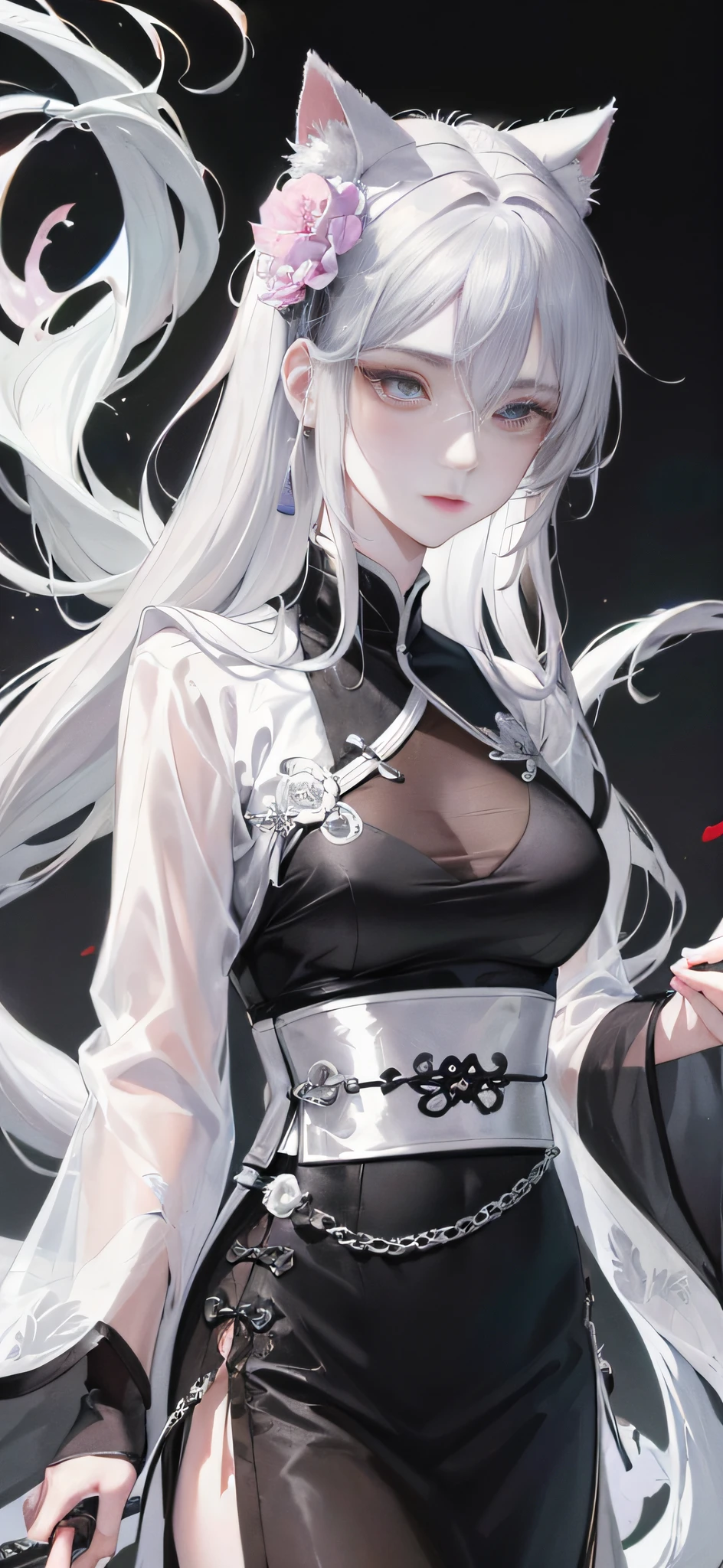 Masterpiece, Best, Night, Full Moon, 1 Female, Mature Woman, Chinese Style, Ancient China, Elder Sister, Royal Sister, Cold Face, Expressionless, Silver White Long Haired Woman, Pale Pink Lips, Calm, Intellectual, Three Belts, Gray Hitomi, Assassin, Dagger, Flower Ball Background, Strolling Street Masterpiece, Needle, Night, Full Moon, 1 Female, Mature Woman, Chinese Style, Ancient China, Elder Sister, Royal Sister, Cold Face, Expressionless, Silver White Long Haired Woman, Pale pink lips, calm, intellectual, three belts, gray pupils, assassin, dagger, flower ball background, street view, white-haired catwoman, Hanfu, cat ears, cat tail