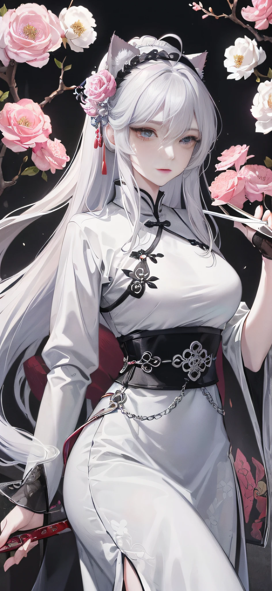 Masterpiece, Best, Night, Full Moon, 1 Female, Mature Woman, Chinese Style, Ancient China, Elder Sister, Royal Sister, Cold Face, Expressionless, Silver White Long Haired Woman, Pale Pink Lips, Calm, Intellectual, Three Belts, Gray Hitomi, Assassin, Dagger, Flower Ball Background, Strolling Street Masterpiece, Needle, Night, Full Moon, 1 Female, Mature Woman, Chinese Style, Ancient China, Elder Sister, Royal Sister, Cold Face, Expressionless, Silver White Long Haired Woman, Pale pink lips, calm, intellectual, three belts, gray pupils, assassin, dagger, flower ball background, street view, white-haired catwoman, Hanfu, cat ears, cat tail