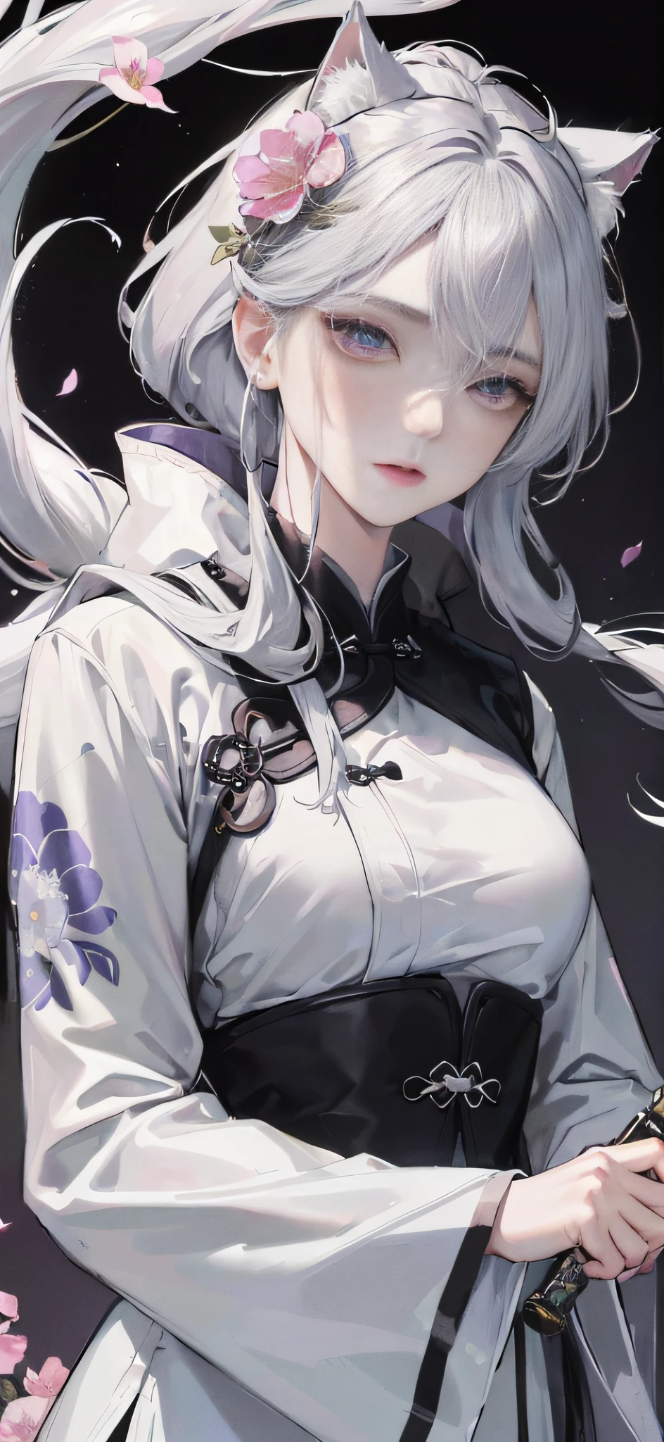 Masterpiece, Best, Night, Full Moon, 1 Female, Mature Woman, Chinese Style, Ancient China, Elder Sister, Royal Sister, Cold Face, Expressionless, Silver White Long Haired Woman, Pale Pink Lips, Calm, Intellectual, Three Belts, Gray Hitomi, Assassin, Dagger, Flower Ball Background, Strolling Street Masterpiece, Best, Night, Full Moon, 1 Female, Mature Woman, Chinese Style, Ancient China, Elder Sister, Royal Sister, Cold Face, Expressionless, Silver White Long Haired Woman, Pale pink lips, calm, intellectual, three belts, gray pupils, assassin, dagger, flower ball background, street view, white-haired catwoman, Hanfu, cat ears, cat tail, clear purple eyes