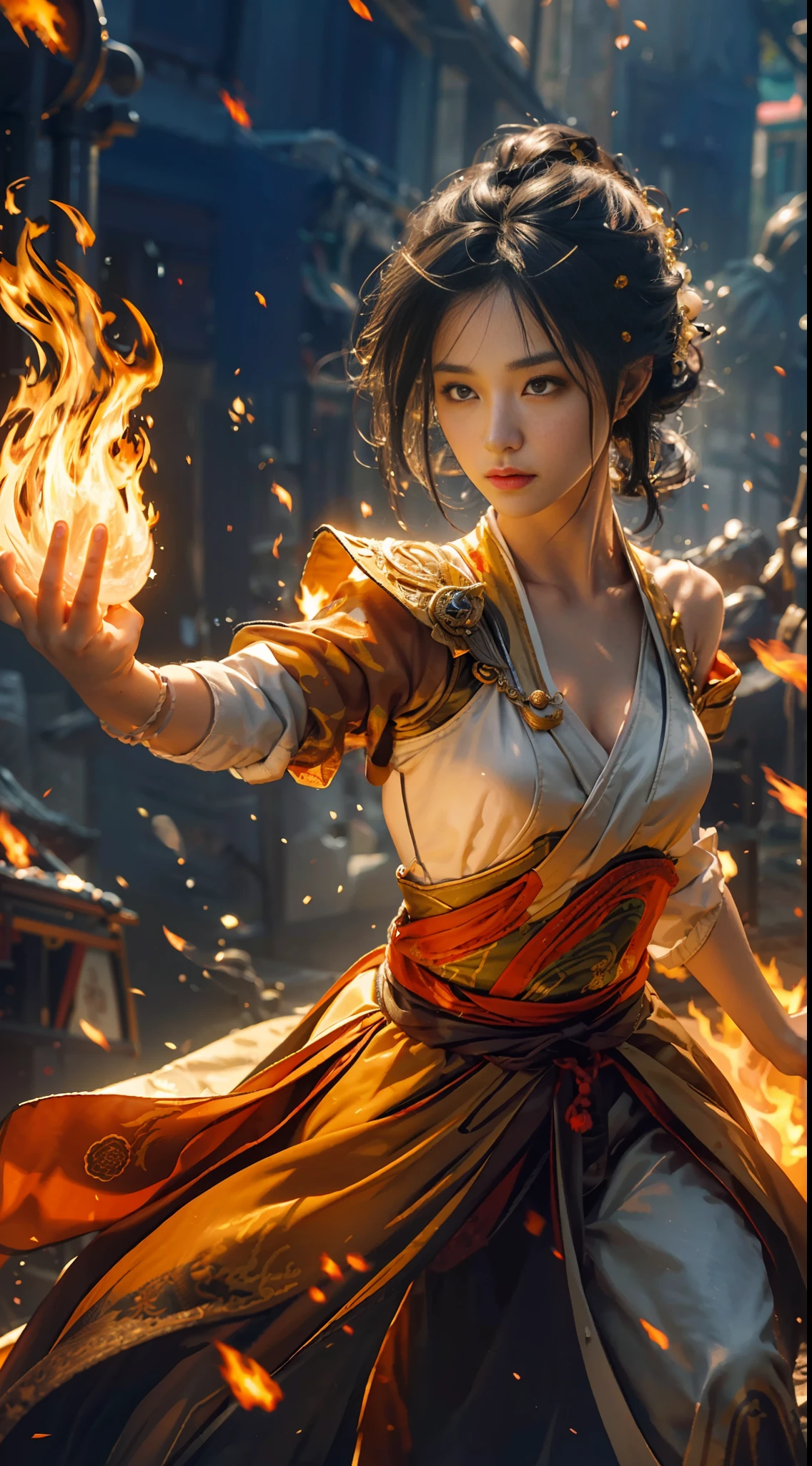 masterpiece, best quality, top quality, super high resolution, 8k HDR, 8k wallpaper, RAW, huge file size, complex detail, sharp focus, natural light, realistic, professional, sophisticated, amazing, CG, fine detail, beautiful detail, colorful, sharp focus, professional lighting, ray tracing, mandala, entanglement, east asian architecture, girl, solo, cleavage, hair yoke shoulder, black hair, black eyes, (fire: 1.3), close-up of holding fire in hand, fire, Yuhuoshu, fighting stance.