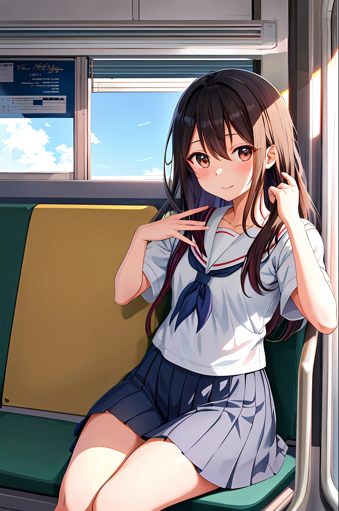 anime girl sitting on a train seat with her hand up, an anime drawing by Kose Kanaoka, pixiv, shin hanga, beautiful anime high school girl, nagatoro, anime visual of a cute girl, a hyperrealistic schoolgirl, cute anime girl, cute schoolgirl, young anime girl, hyperrealistic schoolgirl, realistic schoolgirl