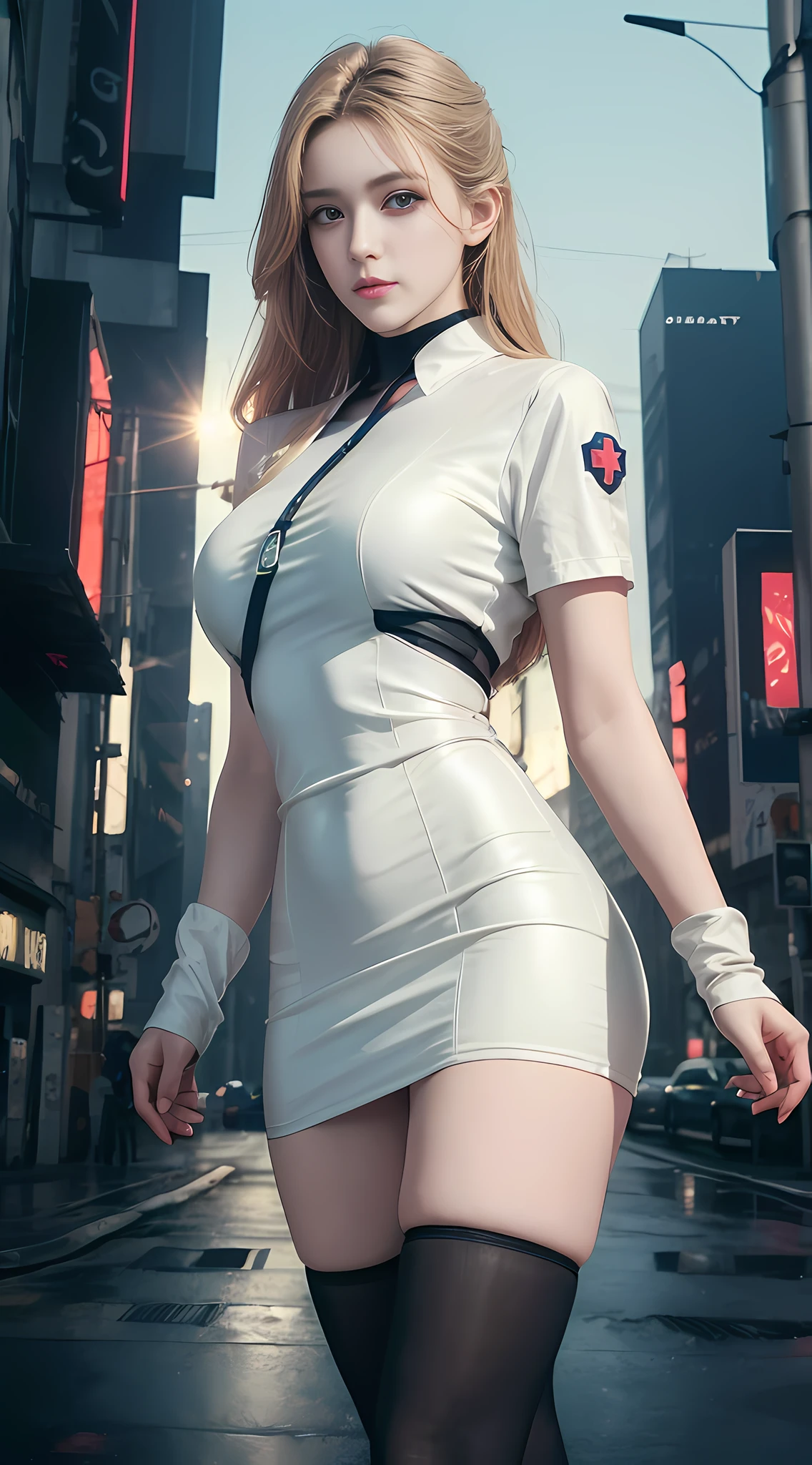 (1girl:1.3), Solo, __Body Parts__Realistic Skin, Pale Skin, Big, Official Art, Unified 8K Wallpaper, Ultra Detailed, Beauty and Aesthetics, Beauty, Masterpiece, Best Quality, In Cyberpunk City, Fantastic Atmosphere, Calm Color Palette, Tranquil Mood, Soft Shadows, Nurse, Glamour