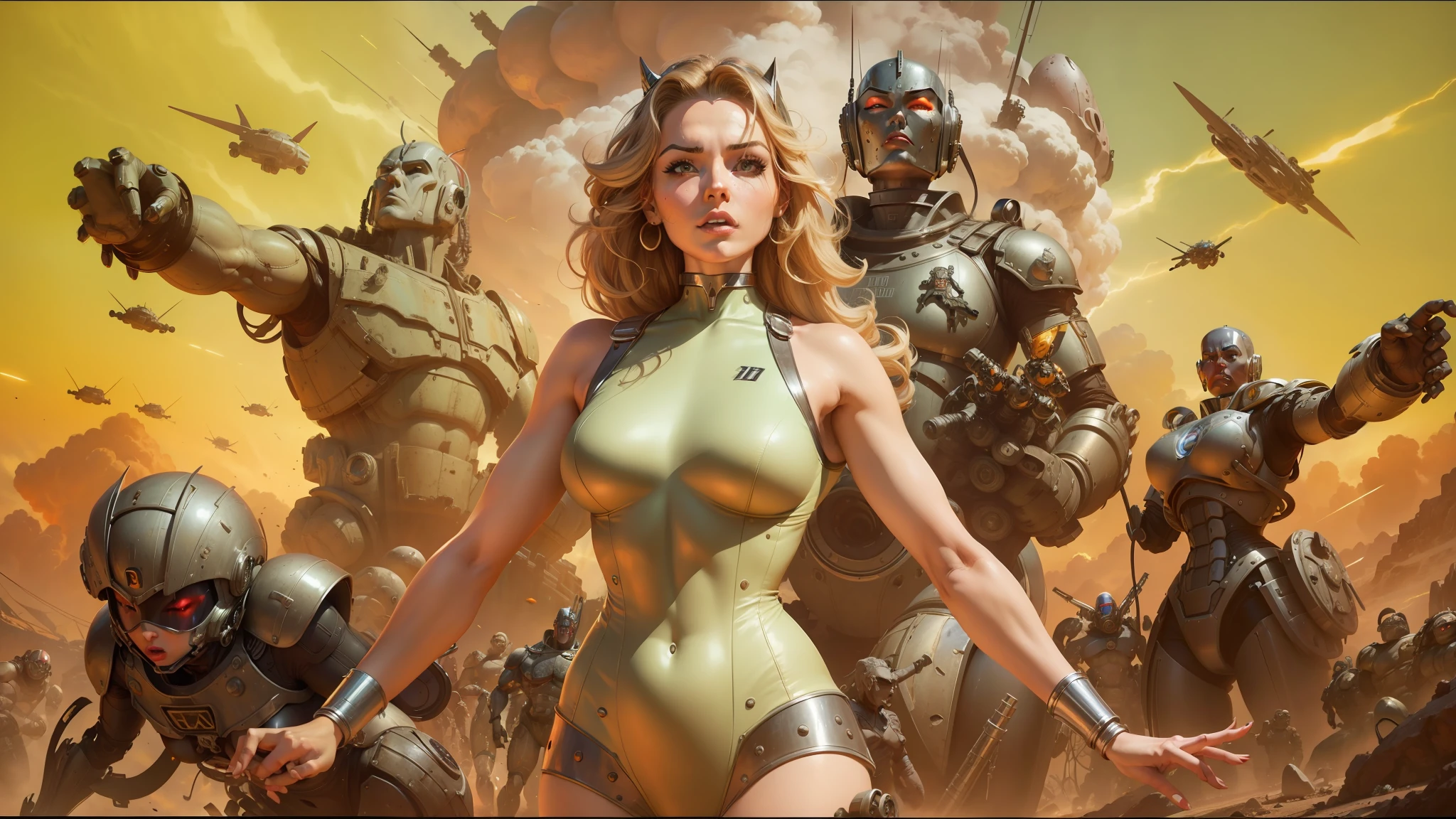 arafed woman in a bodysuit with a bunch of robots in the background, artgerm and gil elvgren, apocalyptic future, trending on artforum, nuclear explosions paint sky, evil princess of the wasteland, screenshot from a movie, heavy metal comic cover art, by Anthony Palumbo, brass armor --auto --s2
