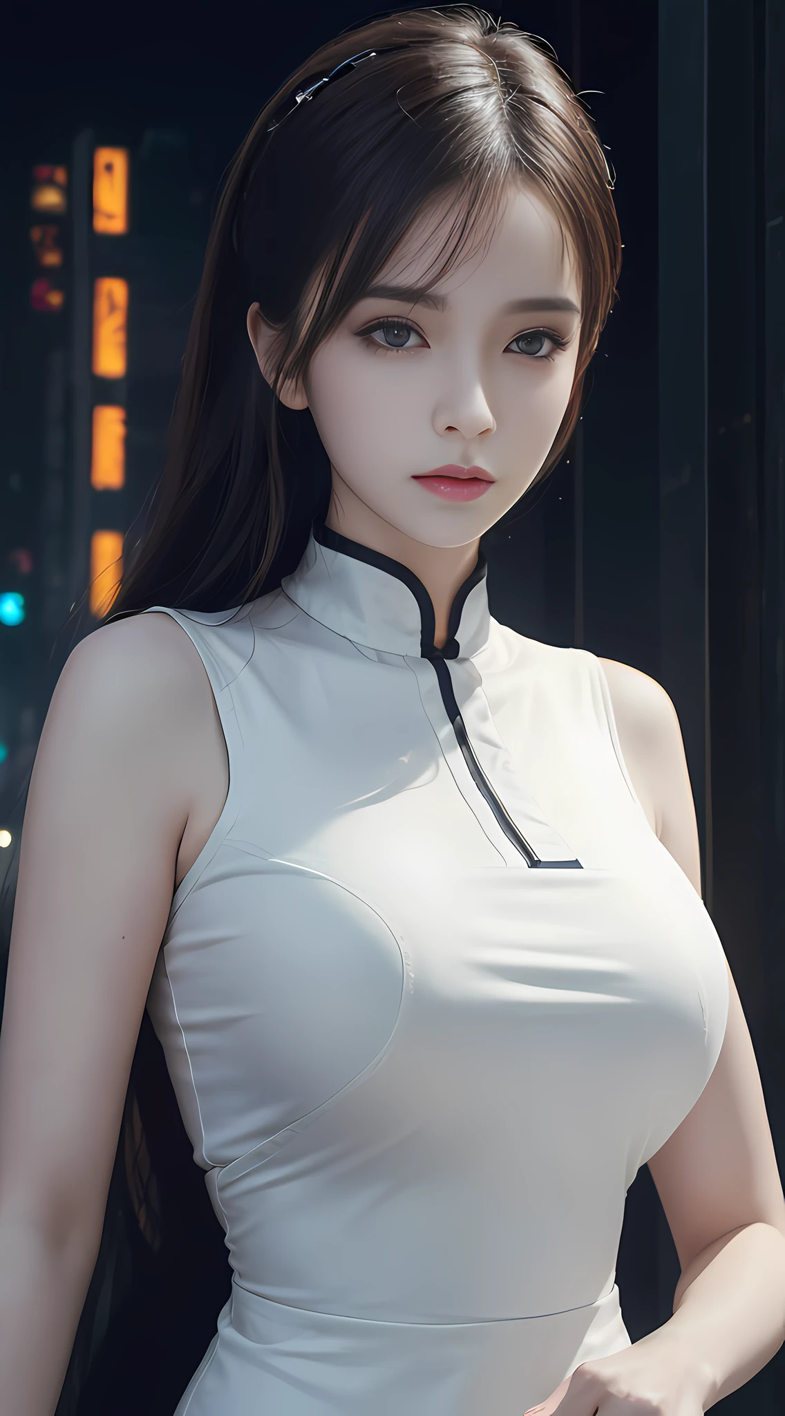 (1girl:1.3), Solo, __Body Parts__Realistic Skin, Pale Skin, Big, Official Art, Unified 8K Wallpaper, Ultra Detailed, Beauty and Aesthetics, Beauty, Masterpiece, Best Quality, In Cyberpunk City, Fantastic Atmosphere, Calm Color Palette, Tranquil Mood, Soft Shadows, Nurse, Glamour