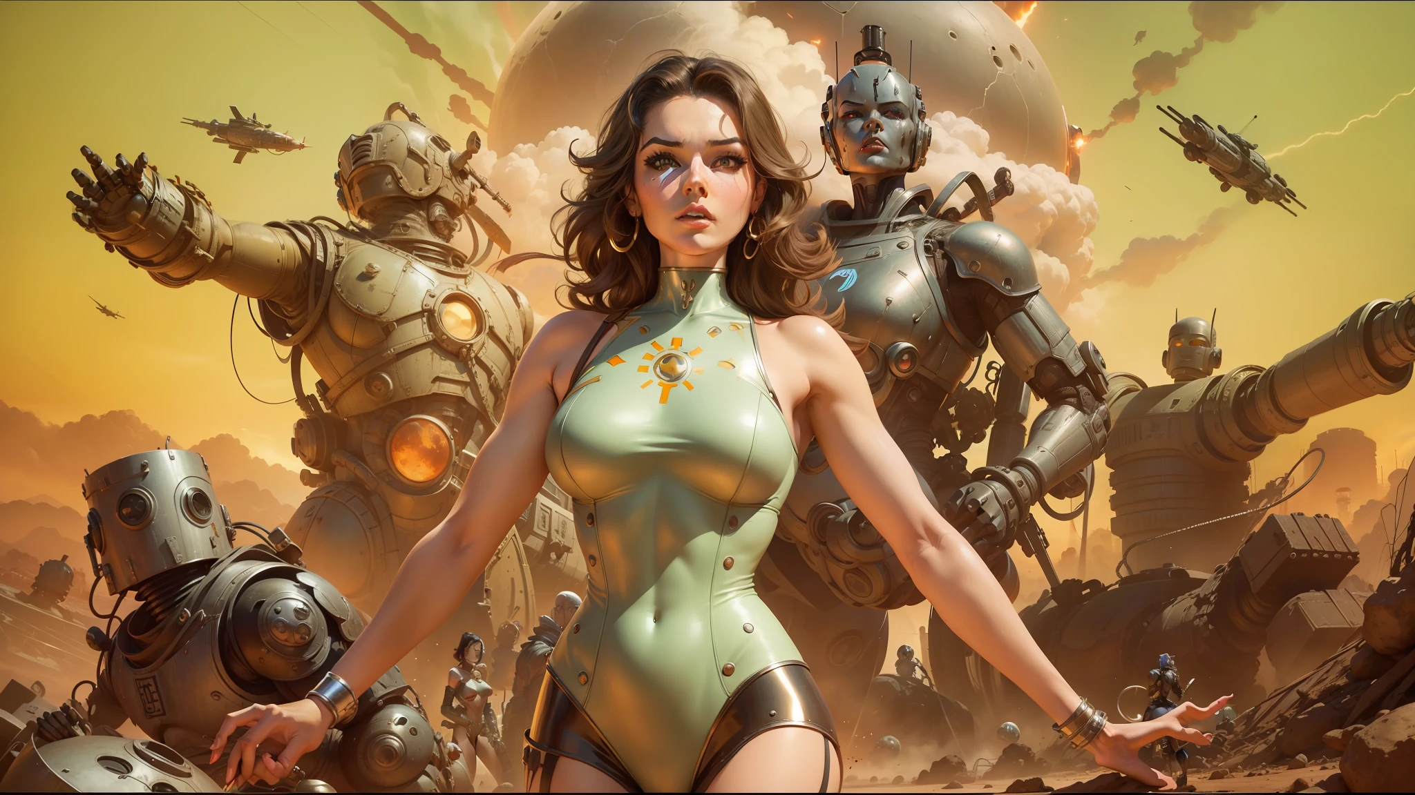 arafed woman in a bodysuit with a bunch of robots in the background, artgerm and gil elvgren, apocalyptic future, trending on artforum, nuclear explosions paint sky, evil princess of the wasteland, screenshot from a movie, heavy metal comic cover art, by Anthony Palumbo, brass armor --auto --s2