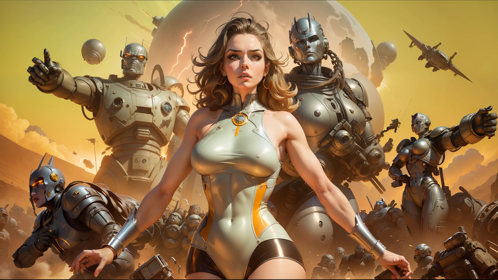 arafed woman in a bodysuit with a bunch of robots in the background, artgerm and gil elvgren, apocalyptic future, trending on artforum, nuclear explosions paint sky, evil princess of the wasteland, screenshot from a movie, heavy metal comic cover art, by Anthony Palumbo, brass armor --auto --s2