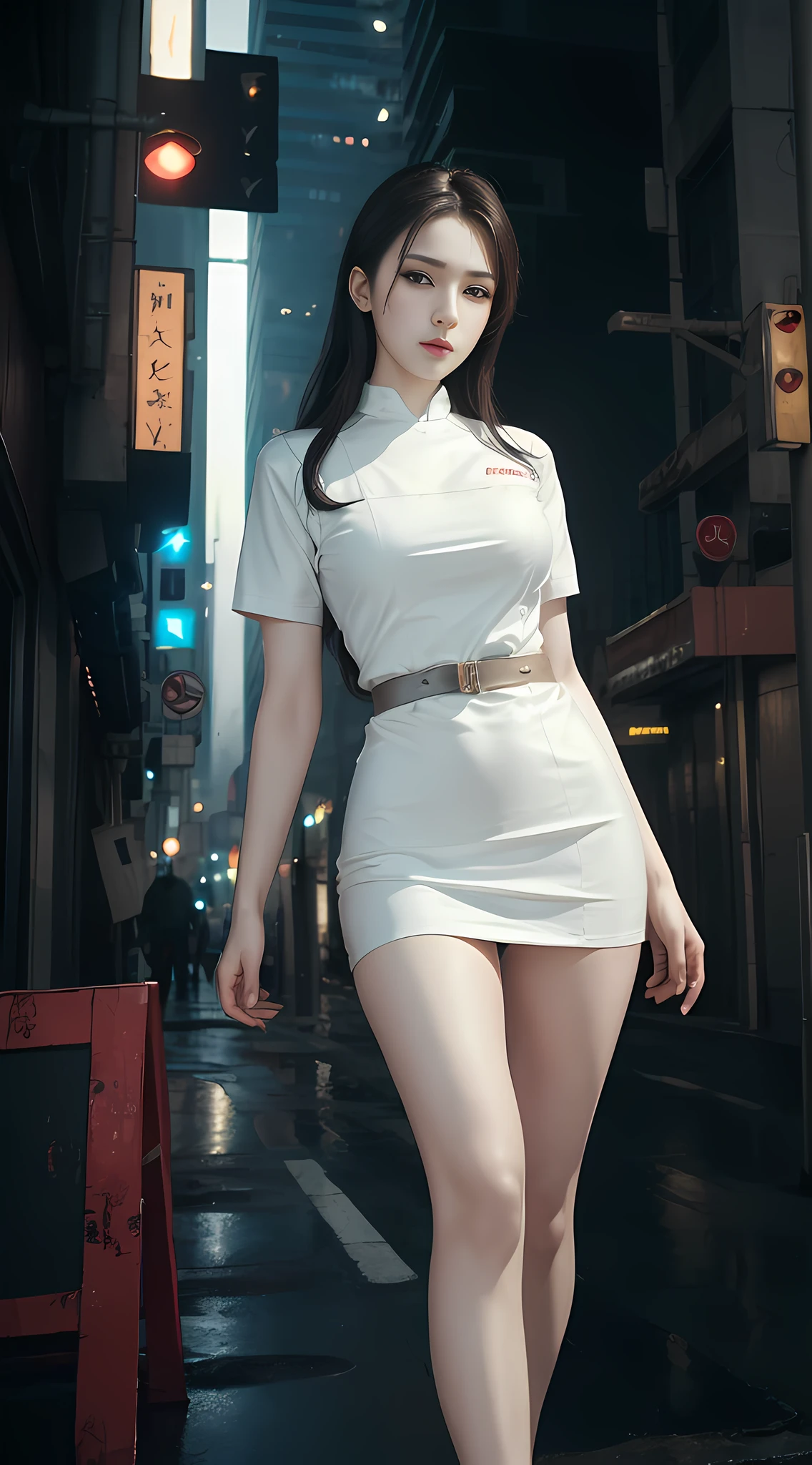 (1girl:1.3), Solo, __Body Parts__Realistic Skin, Pale Skin, Big, Official Art, Unified 8K Wallpaper, Ultra Detailed, Beauty and Aesthetics, Beauty, Masterpiece, Best Quality, In Cyberpunk City, Fantastic Atmosphere, Calm Color Palette, Tranquil Mood, Soft Shadows, Nurse, Glamour