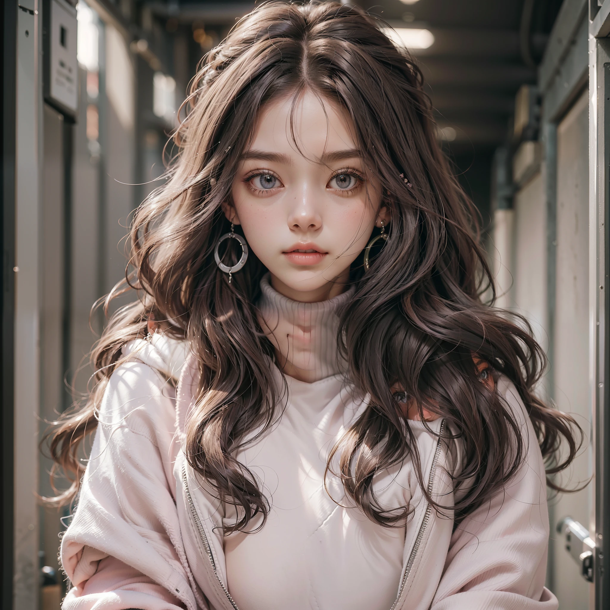 official art, masterpiece, (high definition:1.3), 1girl ,solo, gray puffer jacket, pink turtle neck sweater, black jeans, long wavy hair, brown hair, big round eyes, gray eyes, soft pink lips, hoop earrings, dark alley background, 18 years old , natural lighting, (3/4 body shot:1.6), standing, sam yang
