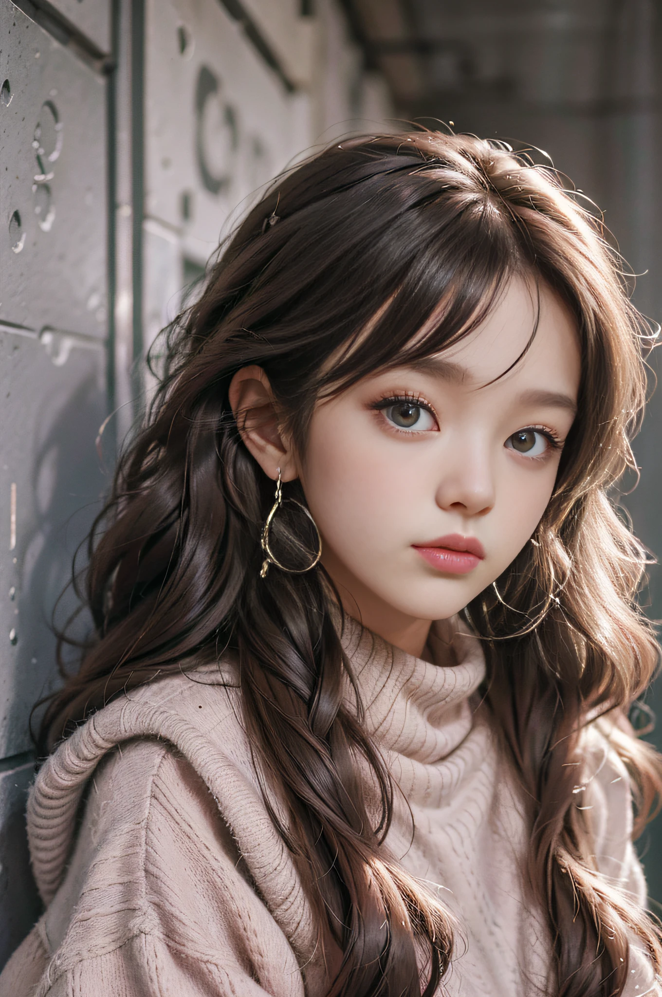 official art, masterpiece, (high definition:1.3), 1girl ,solo, gray puffer jacket, pink turtle neck sweater, black jeans, long wavy hair, brown hair, big round eyes, gray eyes, soft pink lips, hoop earrings, dark alley background, 18 years old , natural lighting, (3/4 body shot:1.6), standing, sam yang