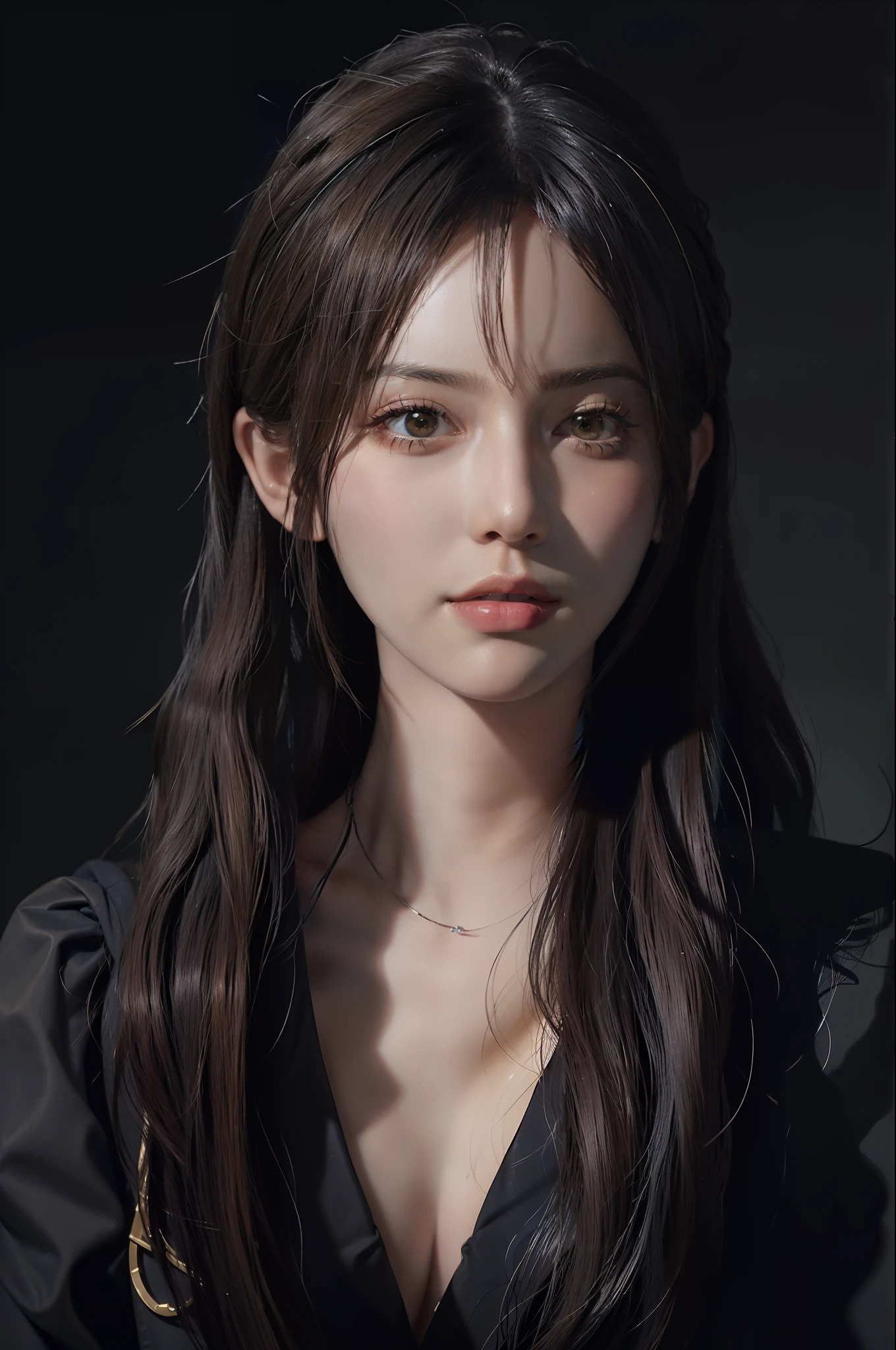 Surrealist female portraits by David Hockney and Alphonse Mucha, fantasy art, photorealism, dynamic lighting, artstation, poster, volumetric lighting, very detailed faces, 4k, award-winning, 1girl, in the dark, deep shadows, low profile, pencil photos, (formal: 1.4), long hair, gray hair,